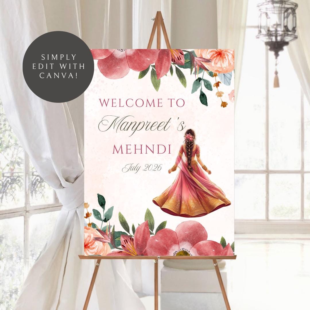 Floral Mehndi Welcome Sign Digital Template | A2 Size | Canva Download | Matching Invitation Set | Sangeet Sign | BONUS Mehndi Decor Signs