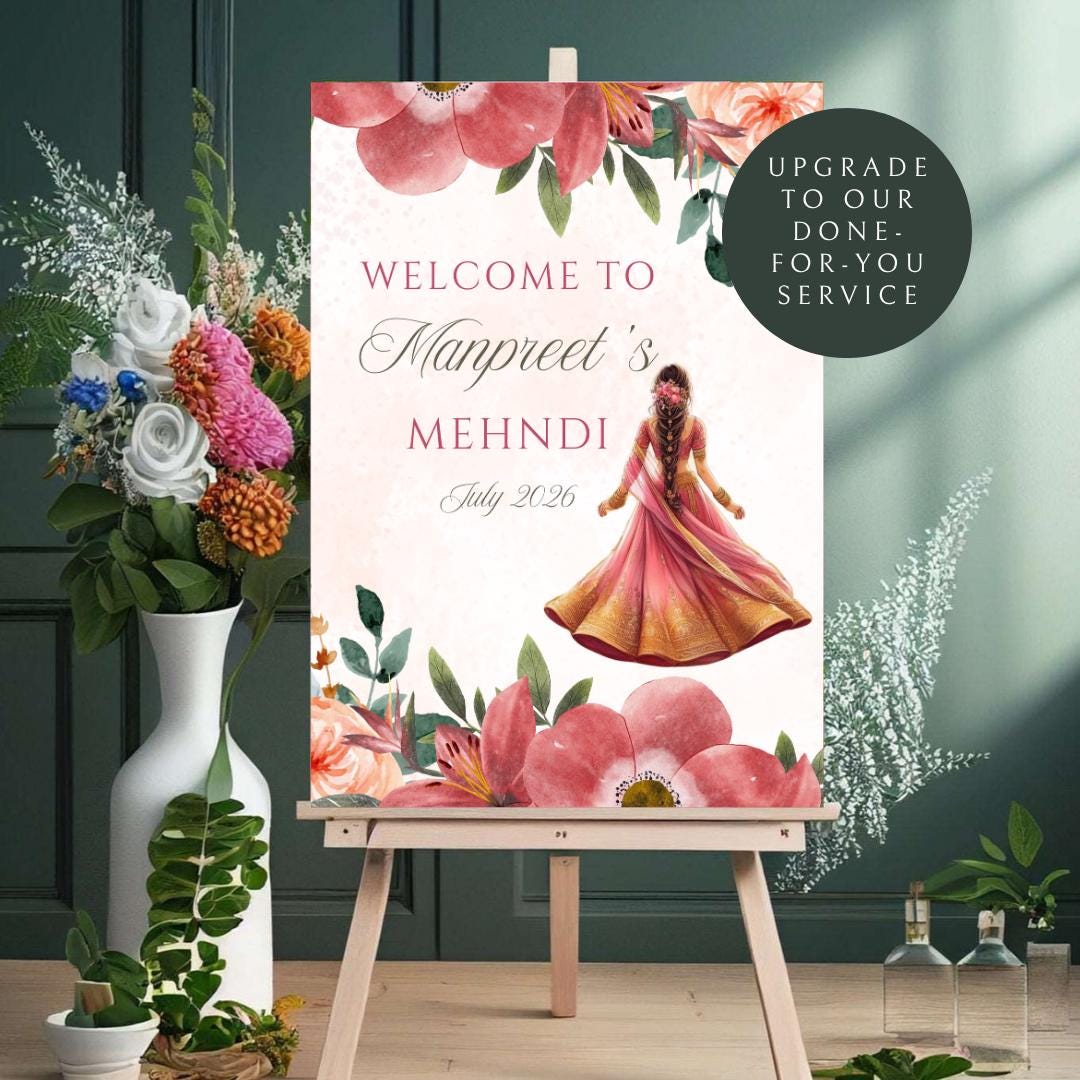 Floral Mehndi Welcome Sign Digital Template | A2 Size | Canva Download | Matching Invitation Set | Sangeet Sign | BONUS Mehndi Decor Signs