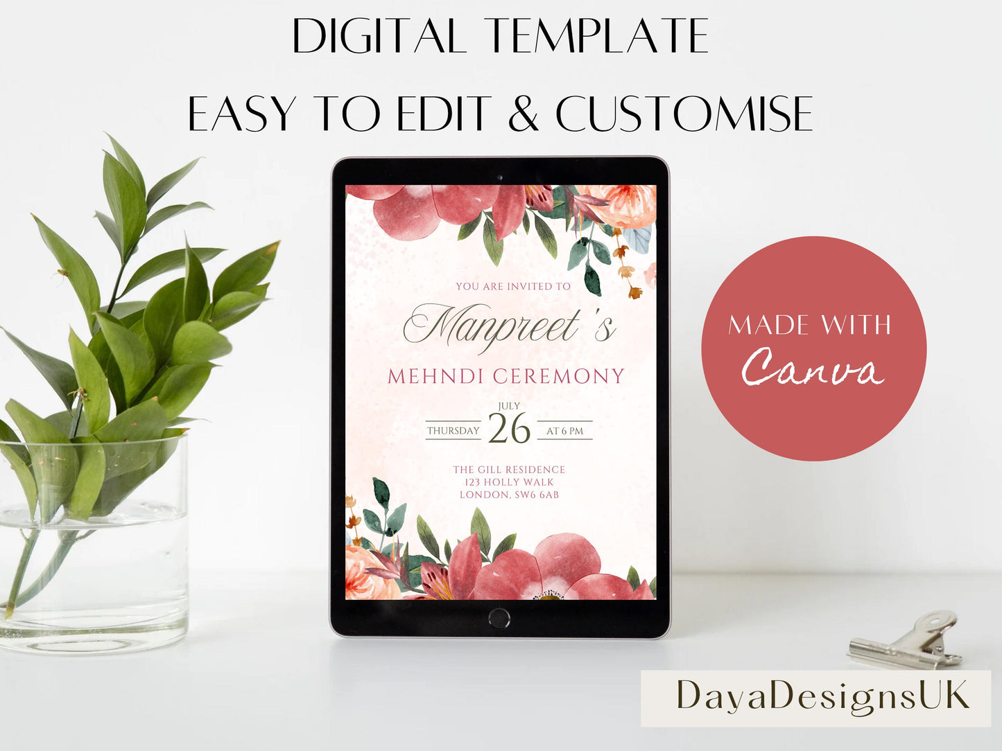 Floral Mehndi Welcome Sign Digital Template | A2 Size | Canva Download | Matching Invitation Set | Sangeet Sign | BONUS Mehndi Decor Signs