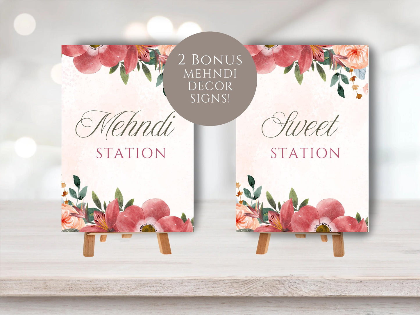 Floral Mehndi Welcome Sign Digital Template | A2 Size | Canva Download | Matching Invitation Set | Sangeet Sign | BONUS Mehndi Decor Signs