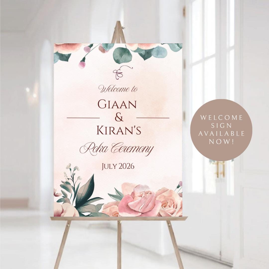 Floral Roka Chunni Welcome Sign Template | Editable Canva Digital Download | A2 Size | Matching Invitation Set | Printable Engagement Sign