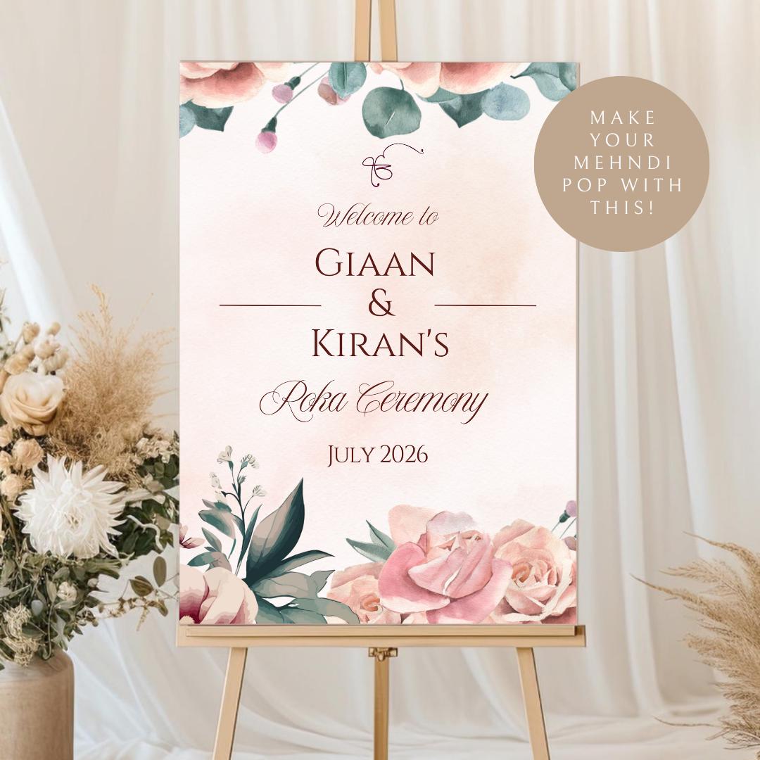 Floral Roka Chunni Welcome Sign Template | Editable Canva Digital Download | A2 Size | Matching Invitation Set | Printable Engagement Sign