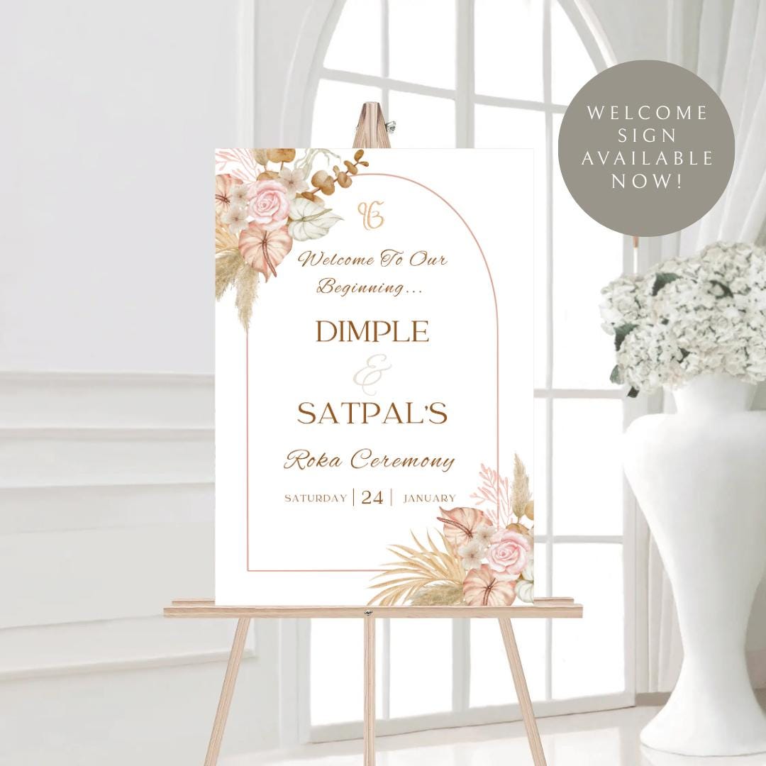 Floral Roka Chunni Welcome Sign Template | Editable Canva Digital Download | A2 Size | Matching Invitation Set | Printable Engagement Sign