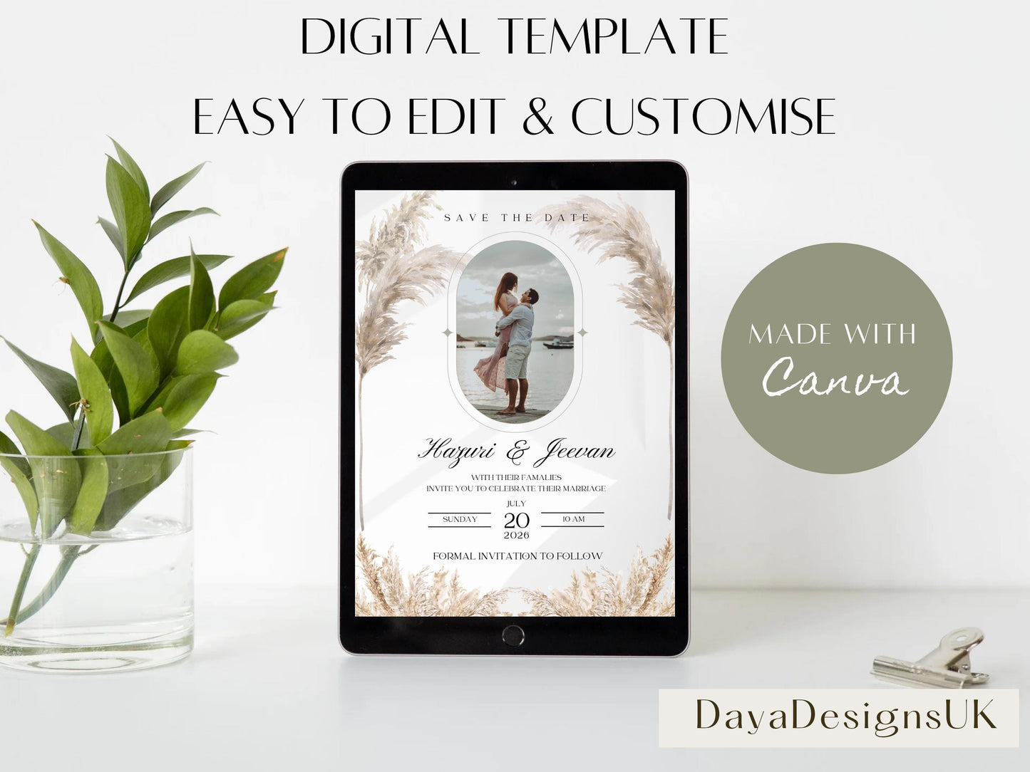 Elegant Pampas Minimalist Save the Date – Indian, Sikh & Hindu Wedding Invitation | Editable Canva Template with Photo Insert
