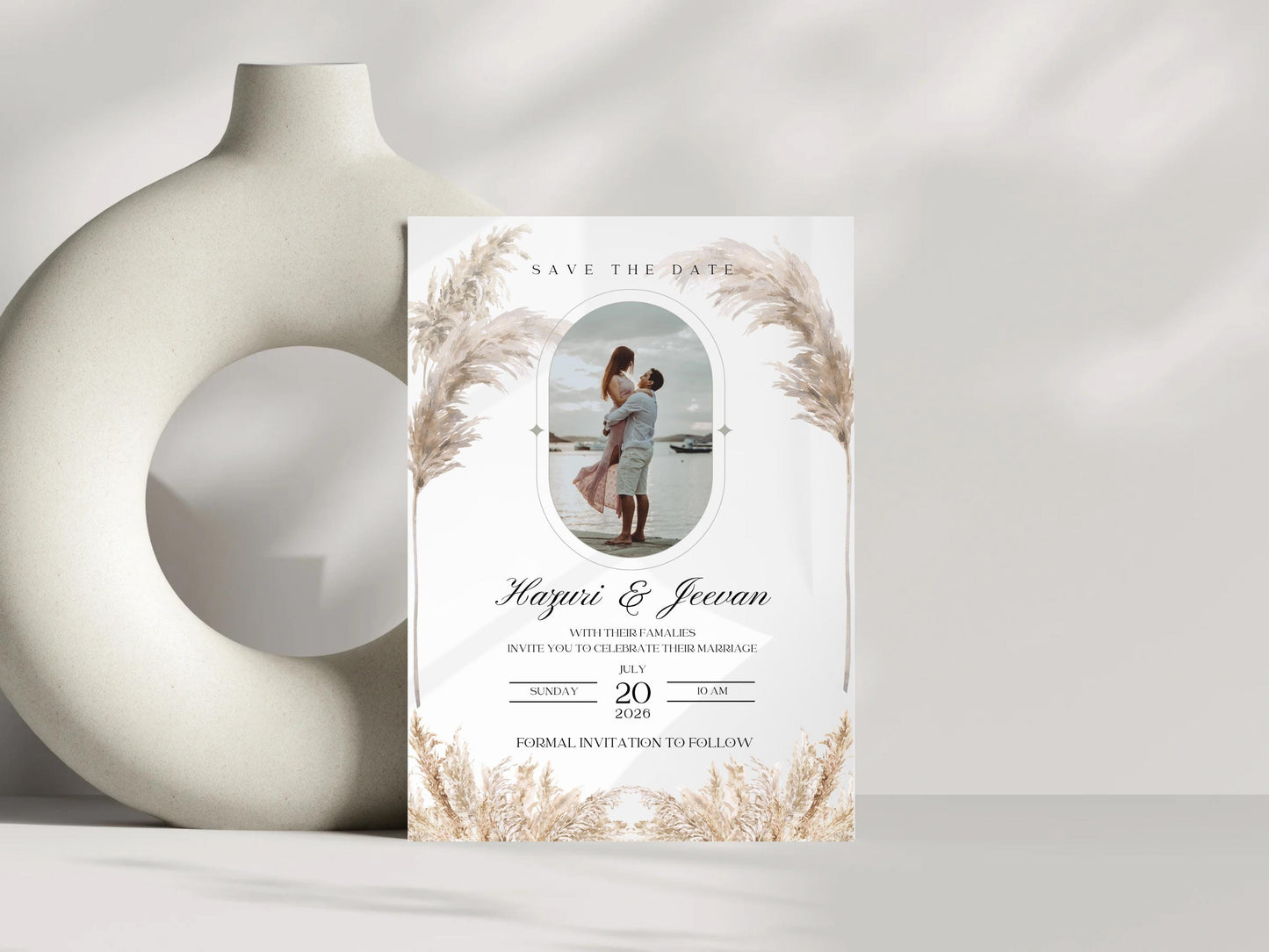 Elegant Pampas Minimalist Save the Date – Indian, Sikh & Hindu Wedding Invitation | Editable Canva Template with Photo Insert