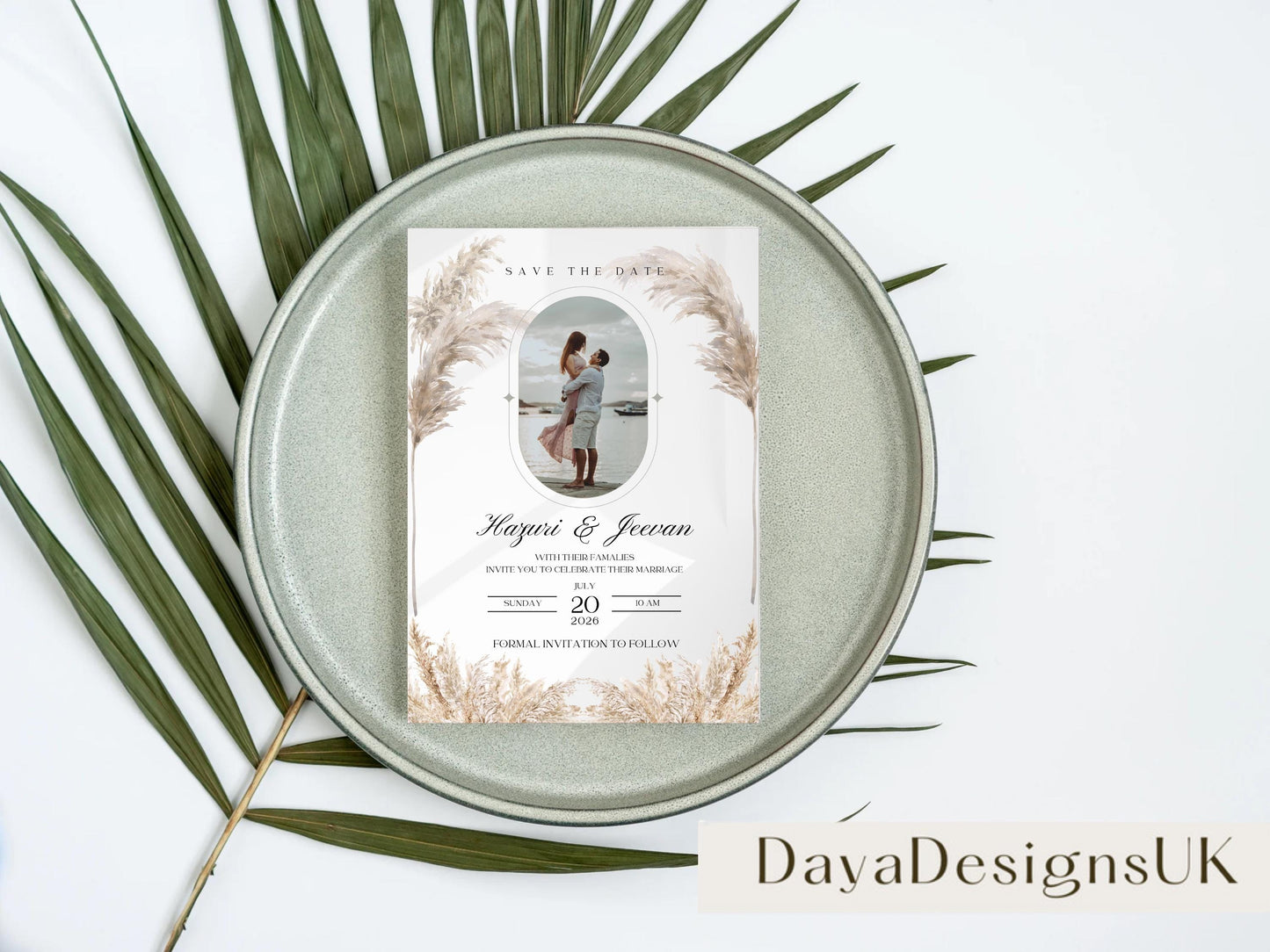 Elegant Pampas Minimalist Save the Date – Indian, Sikh & Hindu Wedding Invitation | Editable Canva Template with Photo Insert