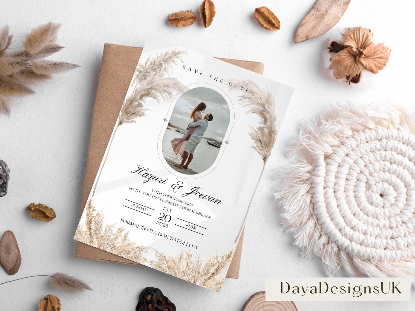 Elegant Pampas Minimalist Save the Date – Indian, Sikh & Hindu Wedding Invitation | Editable Canva Template with Photo Insert