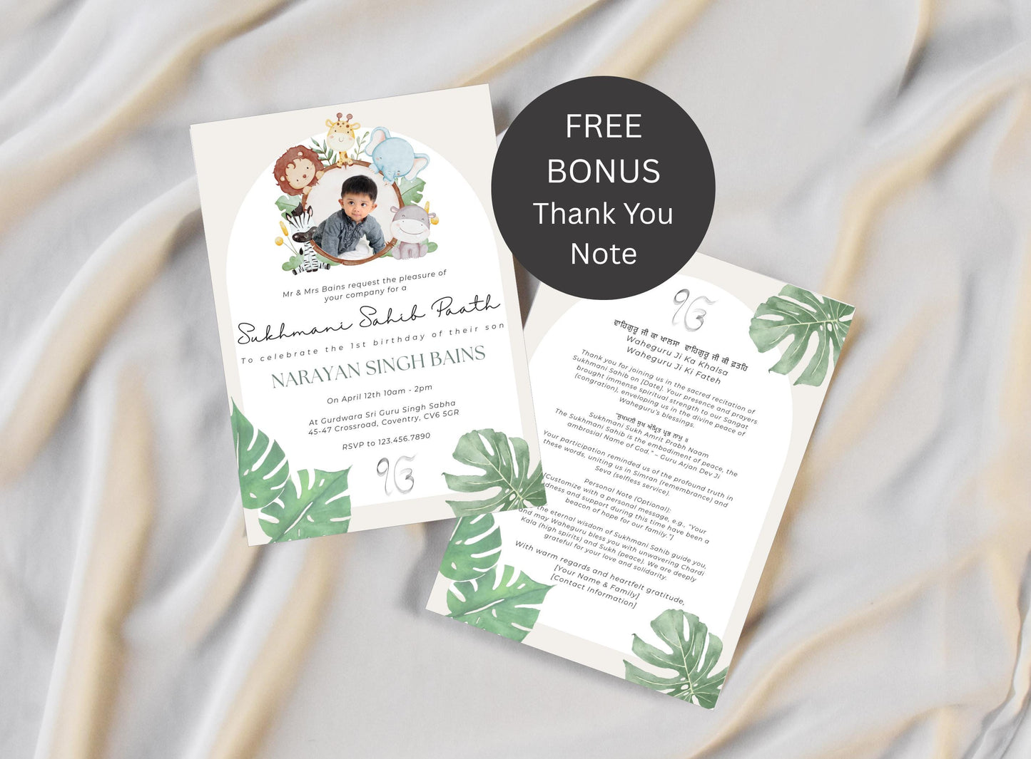 Editable Digital Sukhmani Sahib Paath Invitation, Modern Neutral Green Jungle Design, Canva Editable, Sikh Occasion, Boy's 1st Birthday