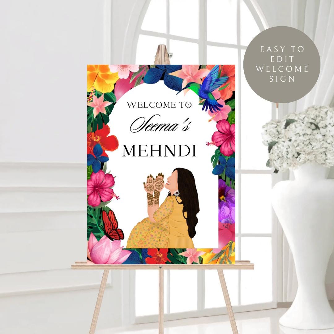 Floral Mehndi Welcome Sign Template | Editable Canva Digital Download | A2 Size | Printable Haldi Ladies Sangeet Sign | Mehndi Decor