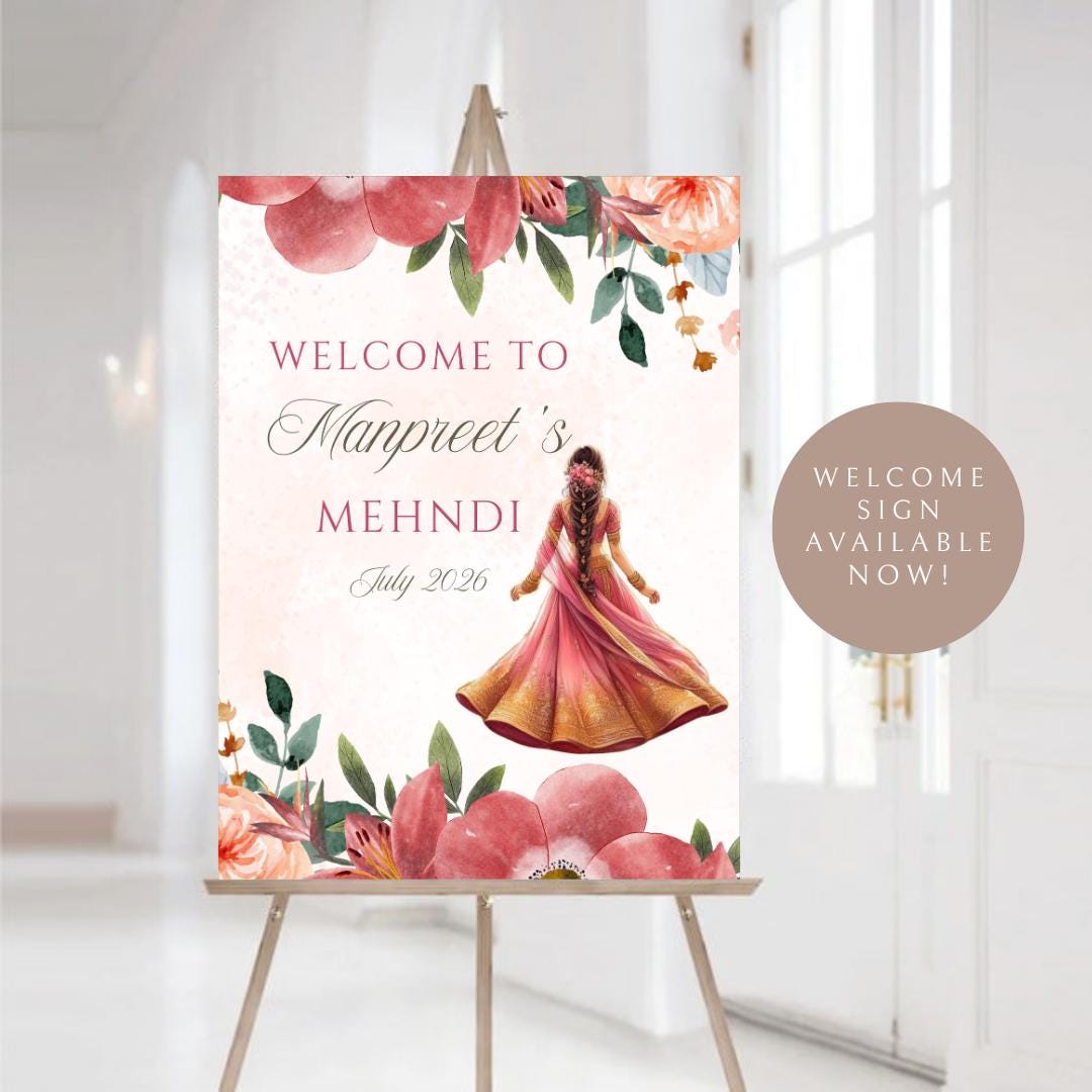 Floral Mehndi Welcome Sign Digital Template | A2 Size | Canva Download | Matching Invitation Set | Sangeet Sign | BONUS Mehndi Decor Signs