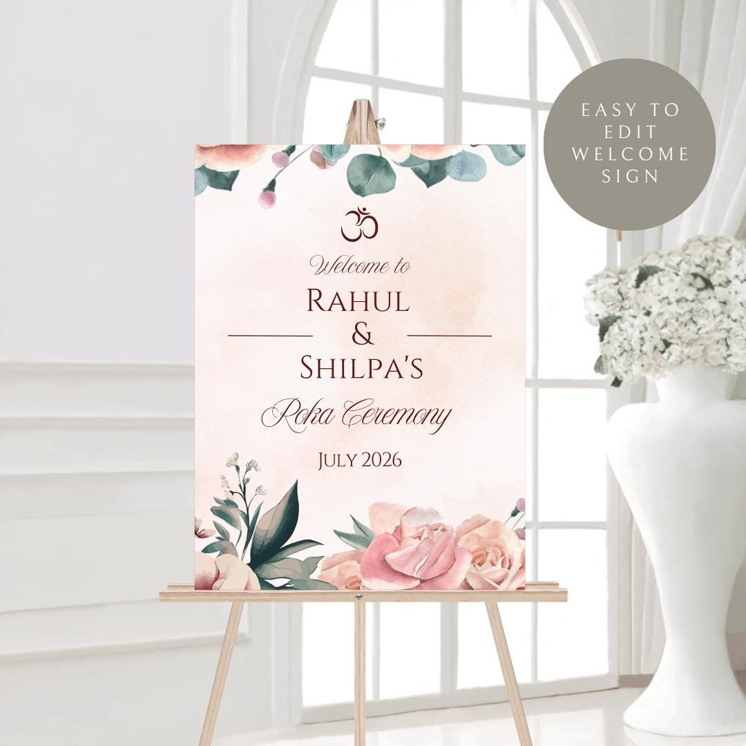 Floral Roka Chunni Welcome Sign Template | Editable Canva Digital Download | A2 Size | Matching Invitation Set | Printable Engagement Sign