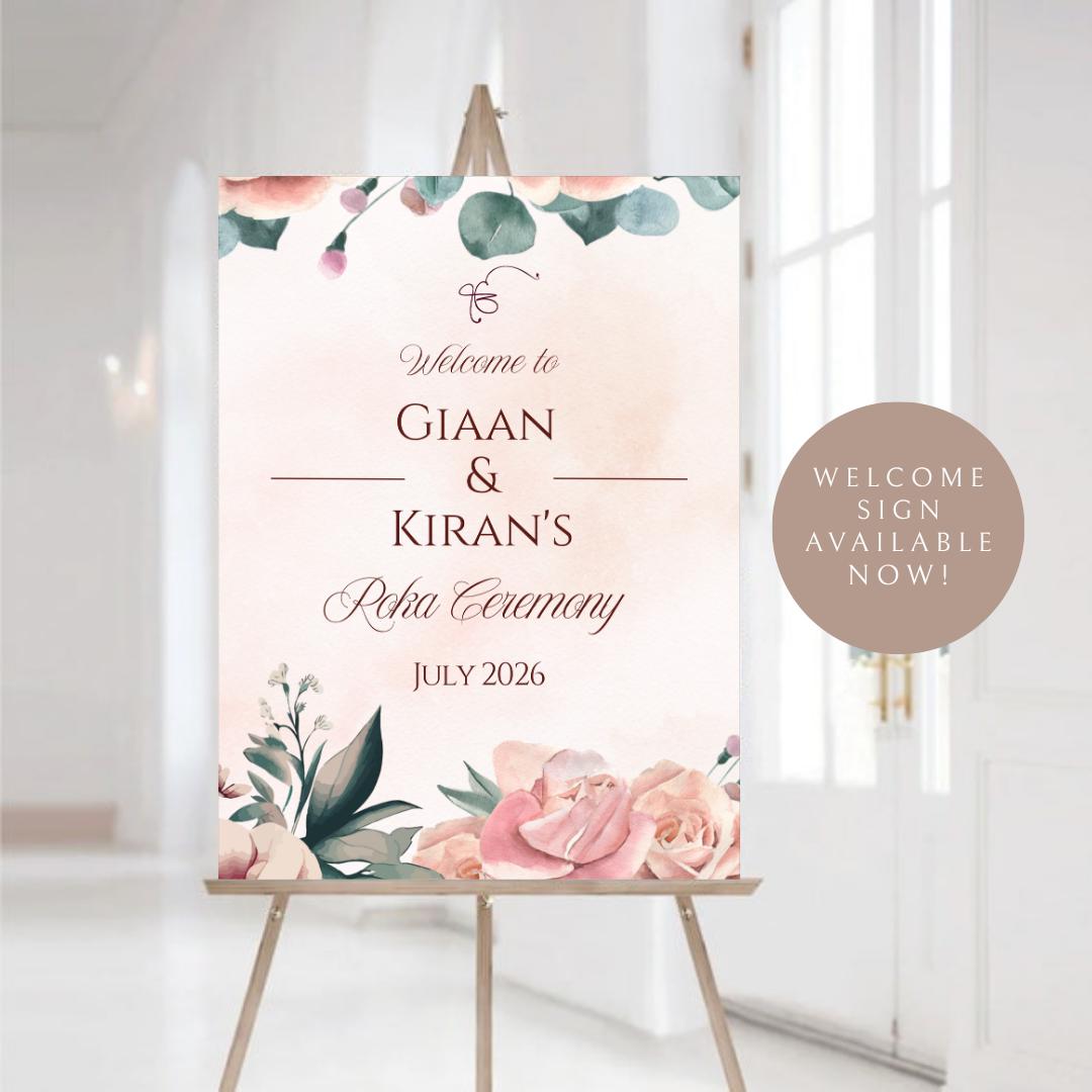 Floral Roka Chunni Welcome Sign Template | Editable Canva Digital Download | A2 Size | Matching Invitation Set | Printable Engagement Sign