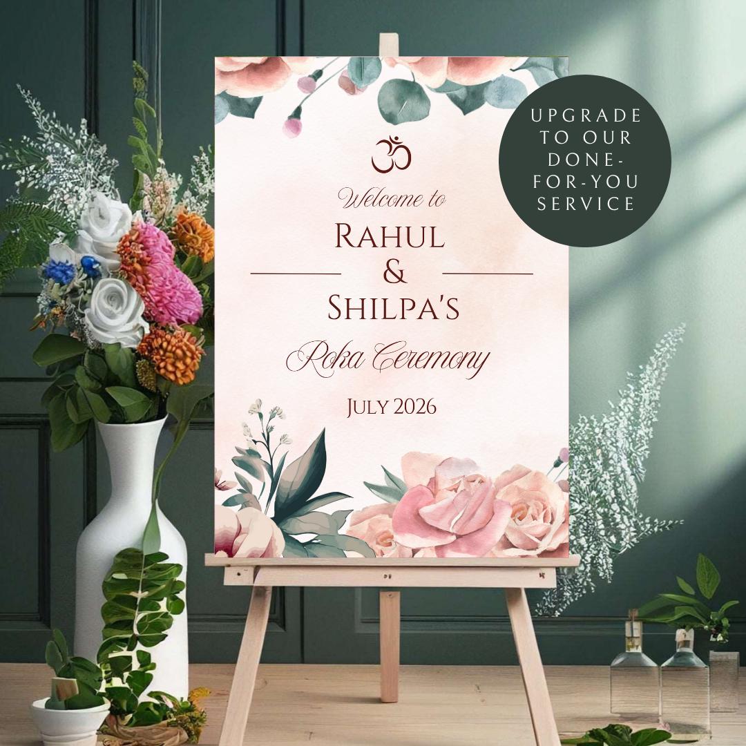 Floral Roka Chunni Welcome Sign Template | Editable Canva Digital Download | A2 Size | Matching Invitation Set | Printable Engagement Sign