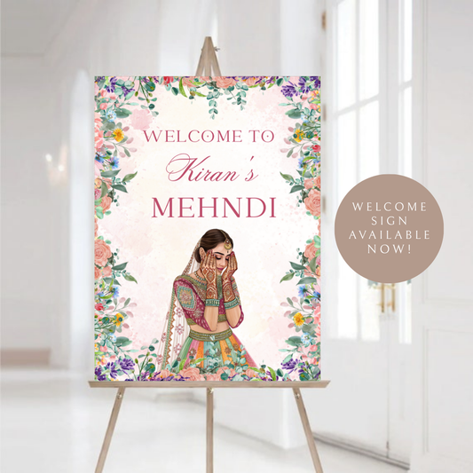 Floral Mehndi Welcome Sign Template | Editable Canva Digital Download | A2 Size | Printable Haldi Ladies Sangeet Sign | Mehndi Decor