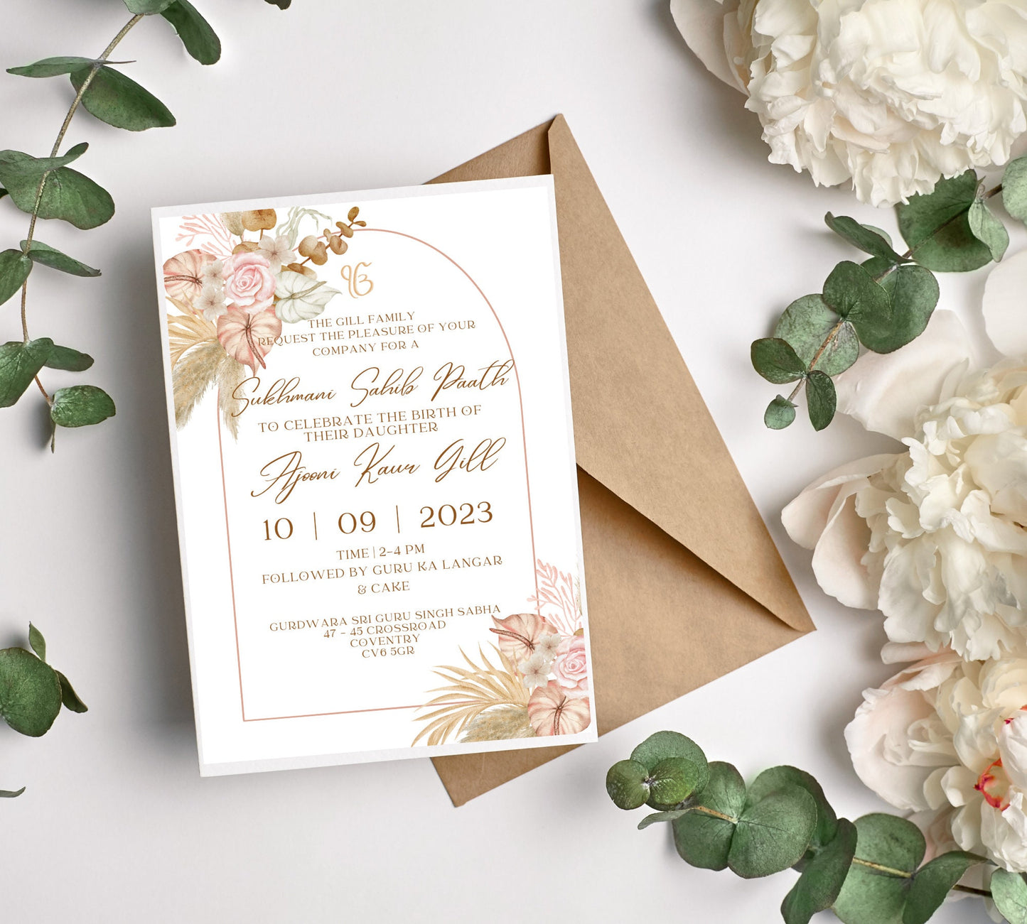Editable Digital Sukhmani Sahib Paath Invitation, Birth of Daughter, 1st Birthday, Modern Floral Decor, Canva Editable, Sikh Programme