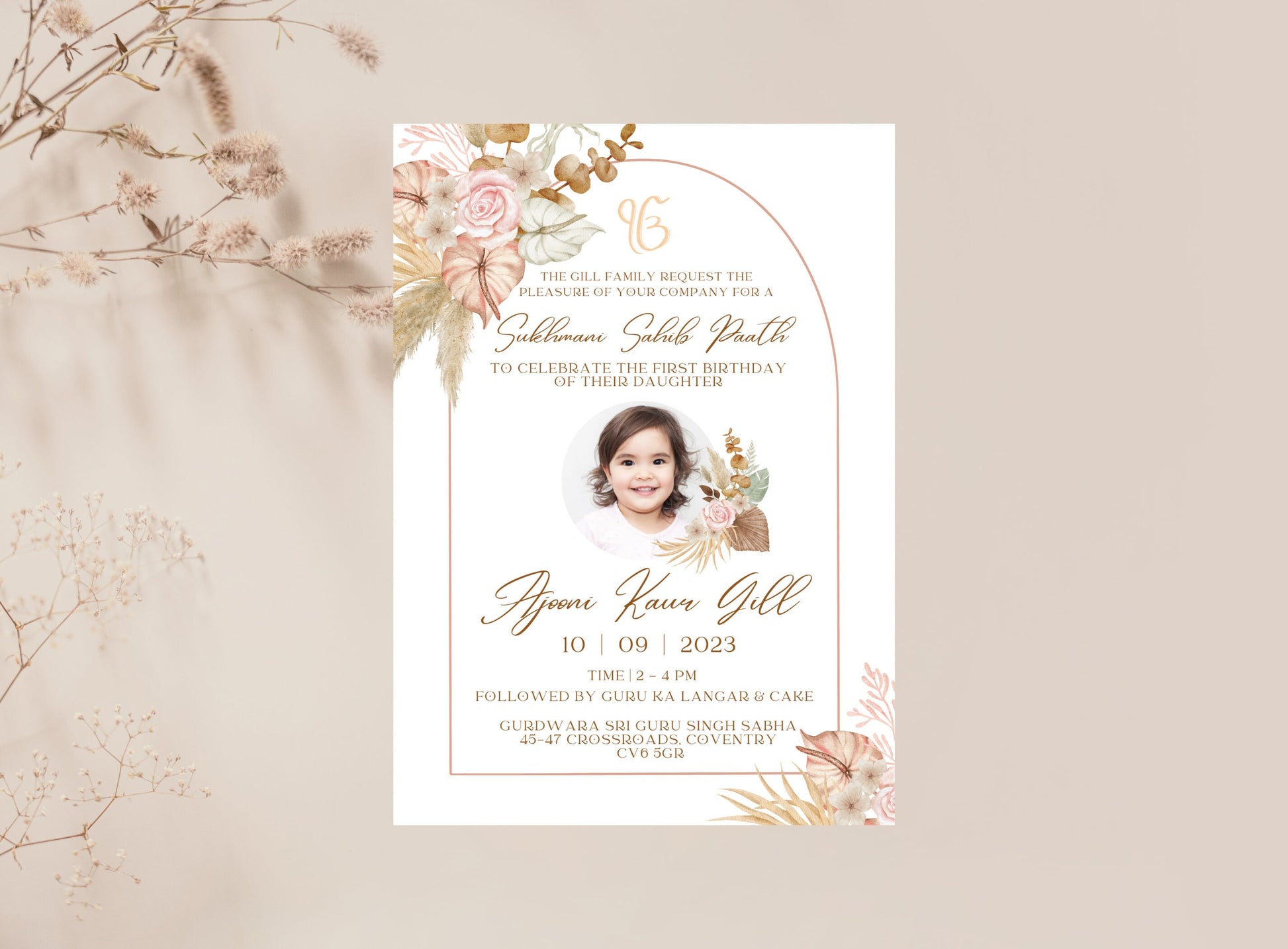 Editable Digital Sukhmani Sahib Paath Photo Invitation, Birth of Daughter, 1st Birthday, Modern Neutral Floral, Canva, Sikh Occasion
