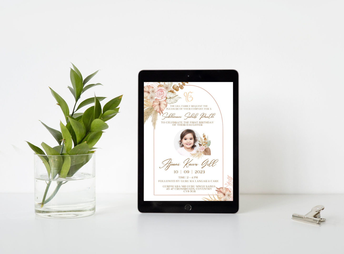 Editable Digital Sukhmani Sahib Paath Photo Invitation, Birth of Daughter, 1st Birthday, Modern Neutral Floral, Canva, Sikh Occasion