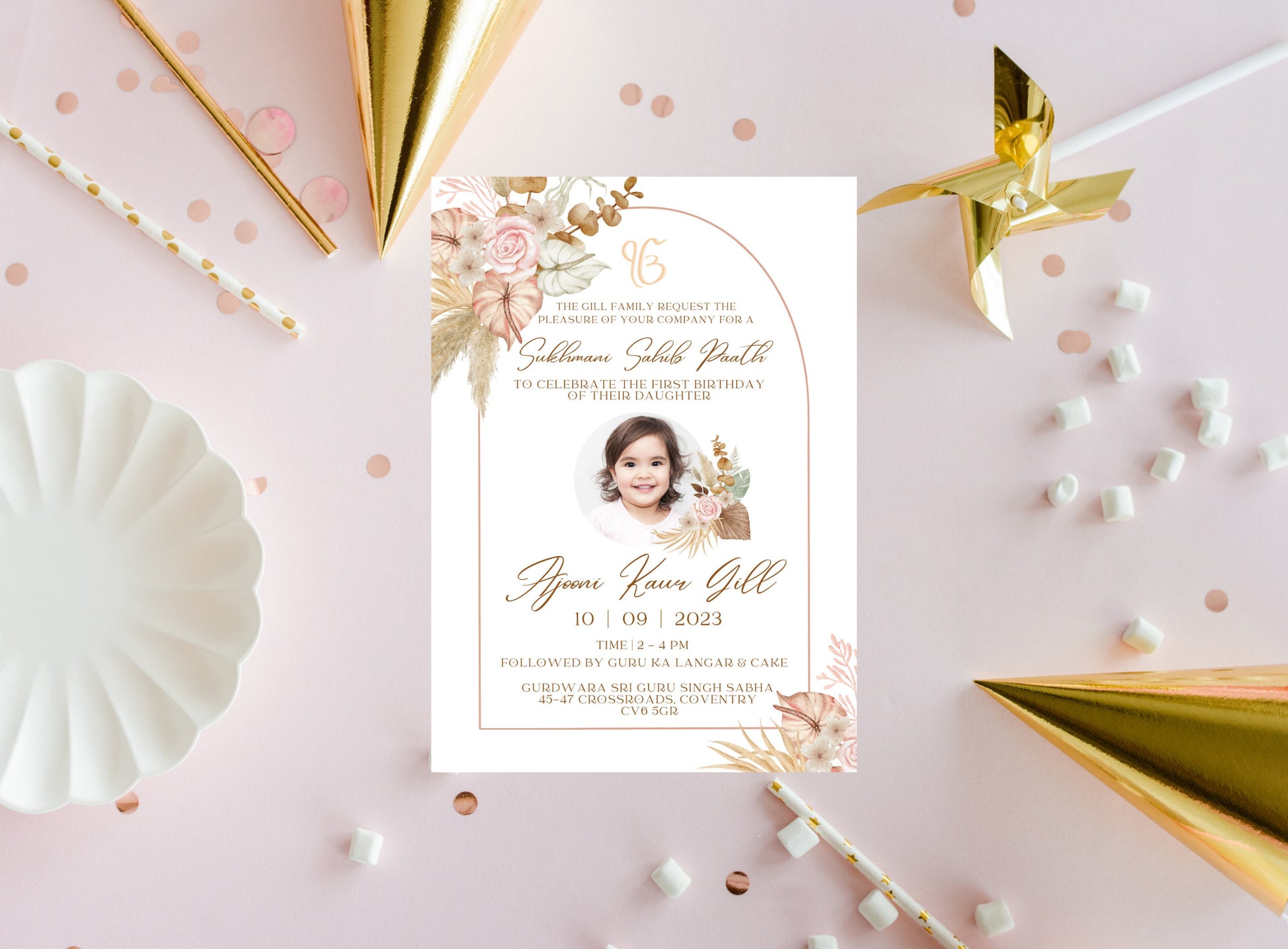 Editable Digital Sukhmani Sahib Paath Photo Invitation, Birth of Daughter, 1st Birthday, Modern Neutral Floral, Canva, Sikh Occasion