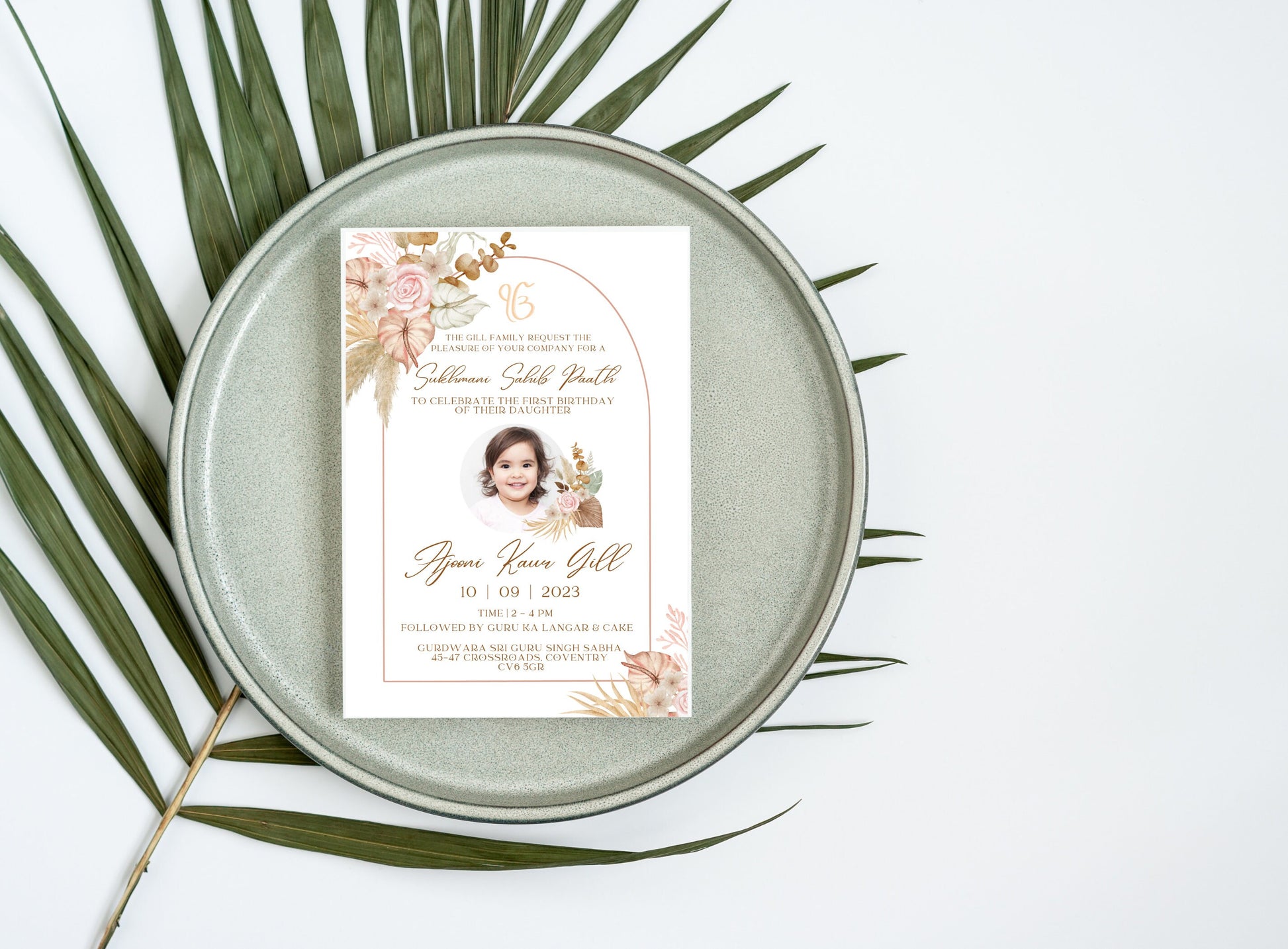 Editable Digital Sukhmani Sahib Paath Photo Invitation, Birth of Daughter, 1st Birthday, Modern Neutral Floral, Canva, Sikh Occasion