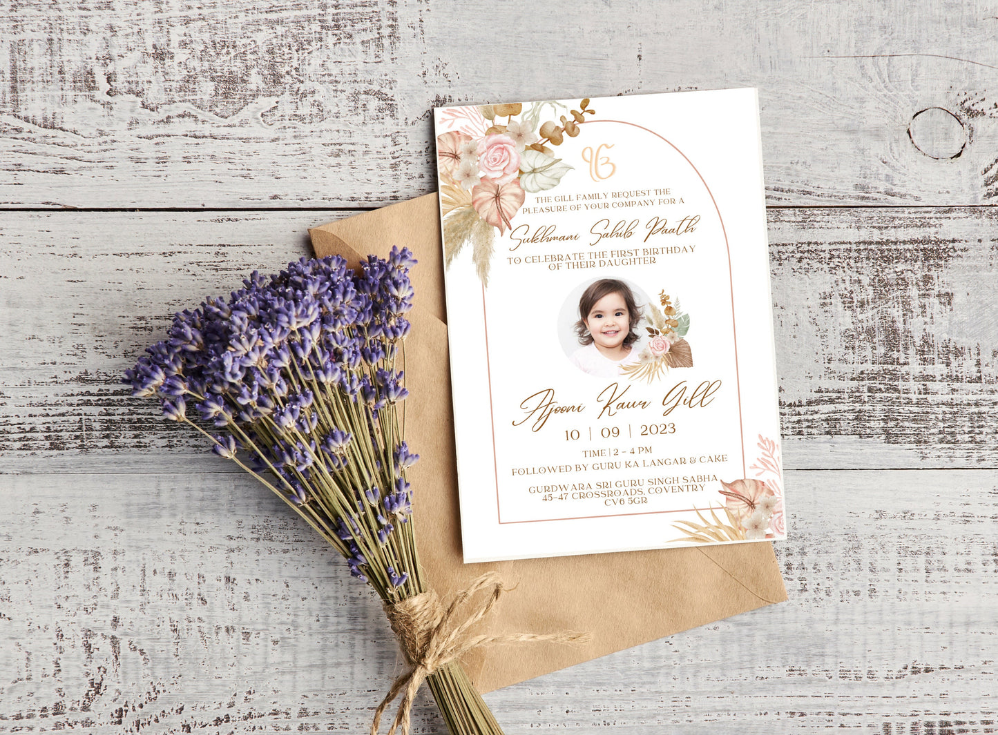 Editable Digital Sukhmani Sahib Paath Photo Invitation, Birth of Daughter, 1st Birthday, Modern Neutral Floral, Canva, Sikh Occasion