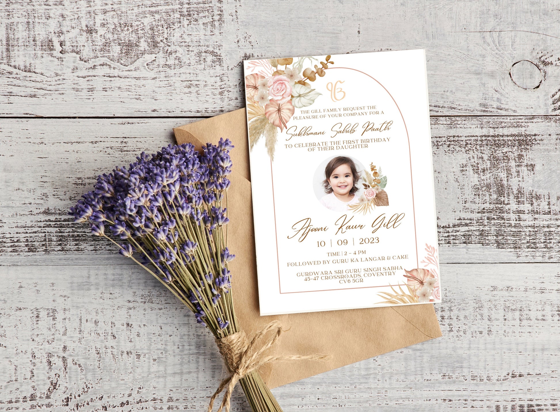 Editable Digital Sukhmani Sahib Paath Photo Invitation, Birth of Daughter, 1st Birthday, Modern Neutral Floral, Canva, Sikh Occasion