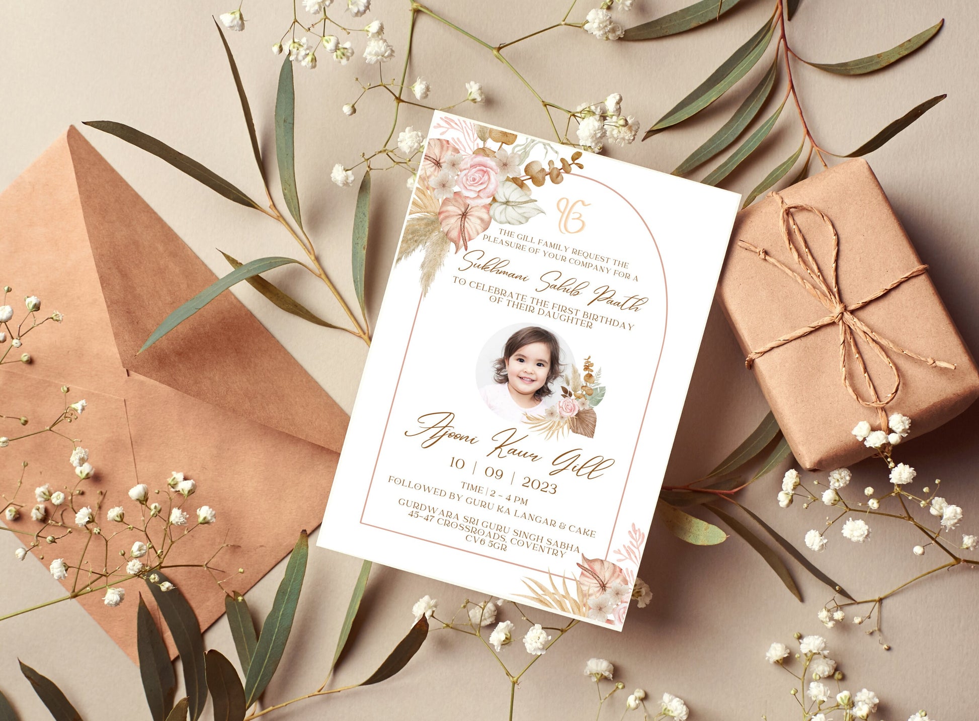 Editable Digital Sukhmani Sahib Paath Photo Invitation, Birth of Daughter, 1st Birthday, Modern Neutral Floral, Canva, Sikh Occasion