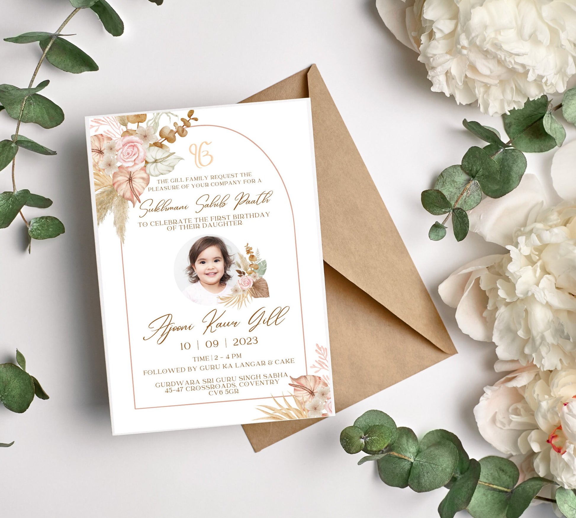 Editable Digital Sukhmani Sahib Paath Photo Invitation, Birth of Daughter, 1st Birthday, Modern Neutral Floral, Canva, Sikh Occasion