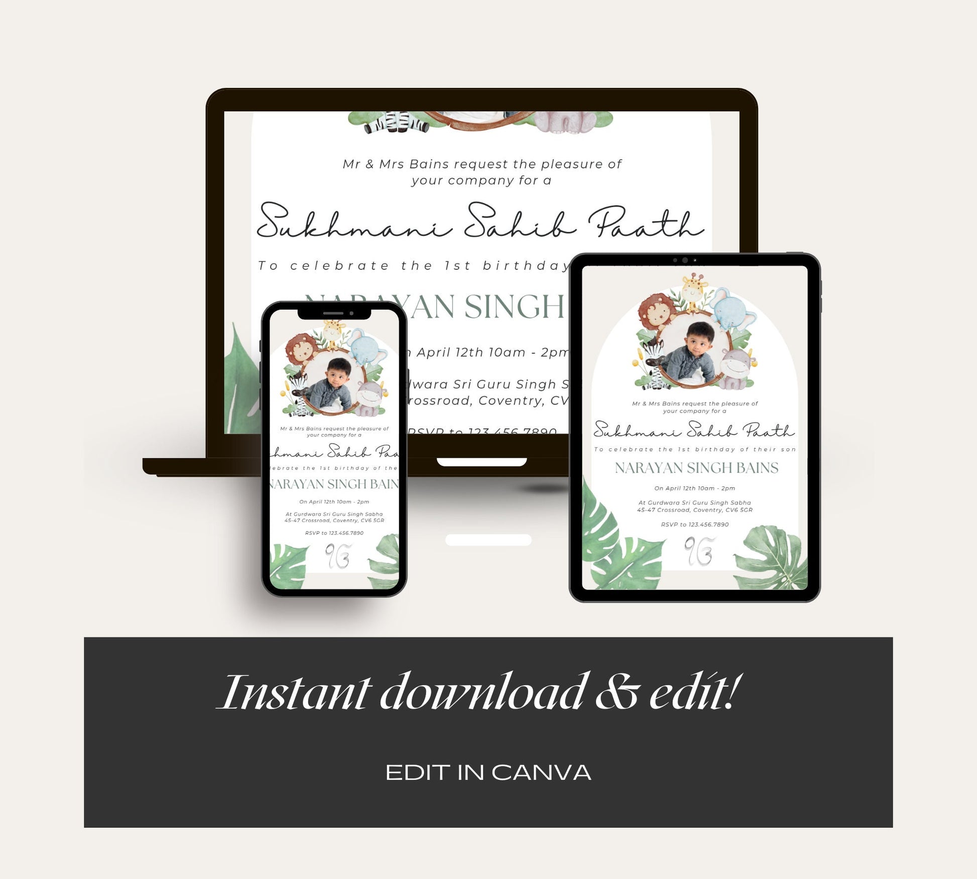 Editable Digital Sukhmani Sahib Paath Invitation, Modern Neutral Green Jungle Design, Canva Editable, Sikh Occasion, Boy's 1st Birthday