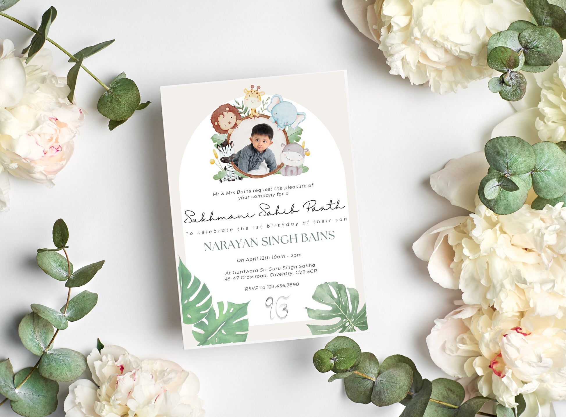 Editable Digital Sukhmani Sahib Paath Invitation, Modern Neutral Green Jungle Design, Canva Editable, Sikh Occasion, Boy's 1st Birthday