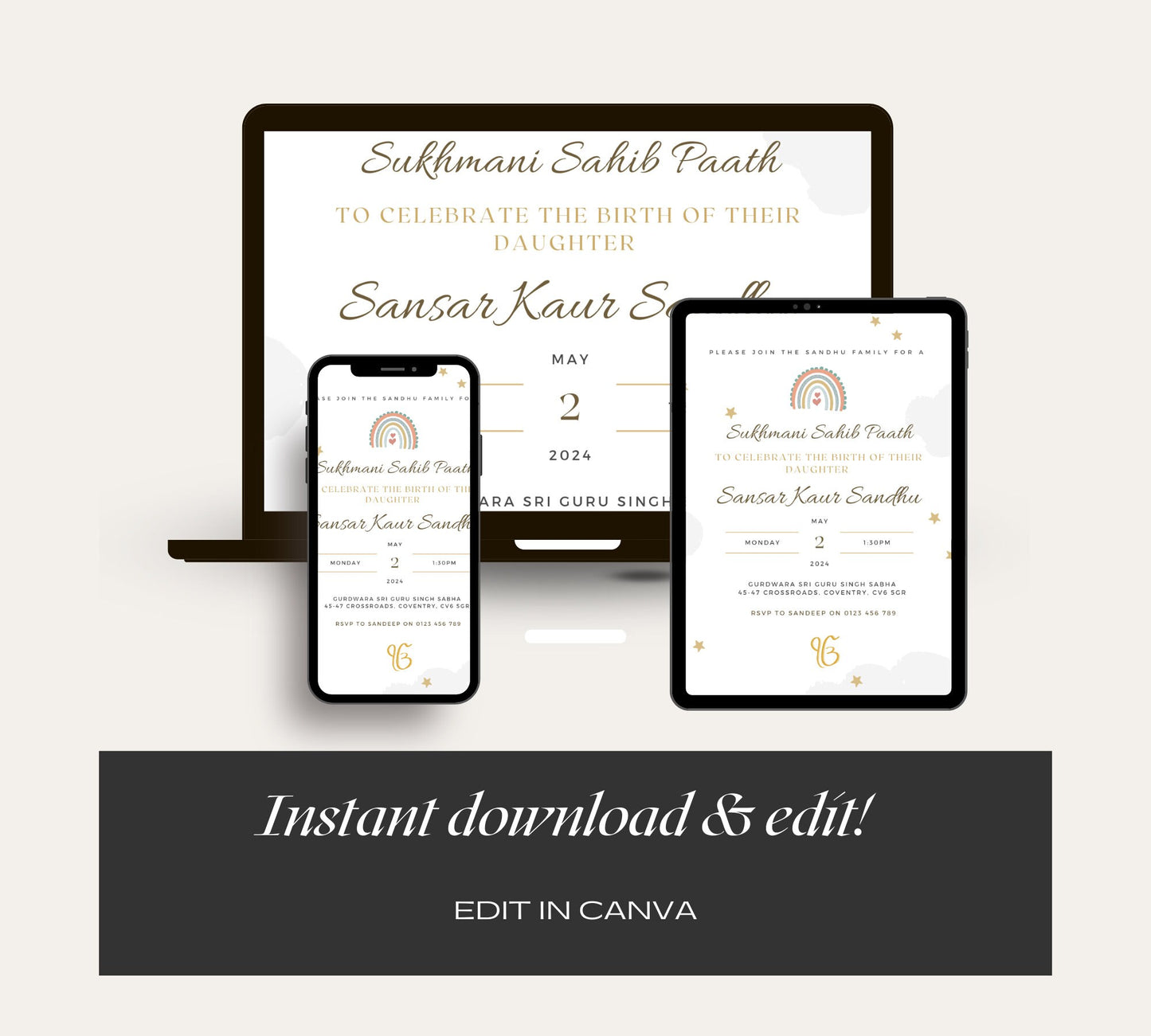 Digital Sukhmani Sahib Paath Invitation, Modern Gender Neutral Design, Canva Editable, Sikh Occasion, Son's Birth, Daughter's Birth