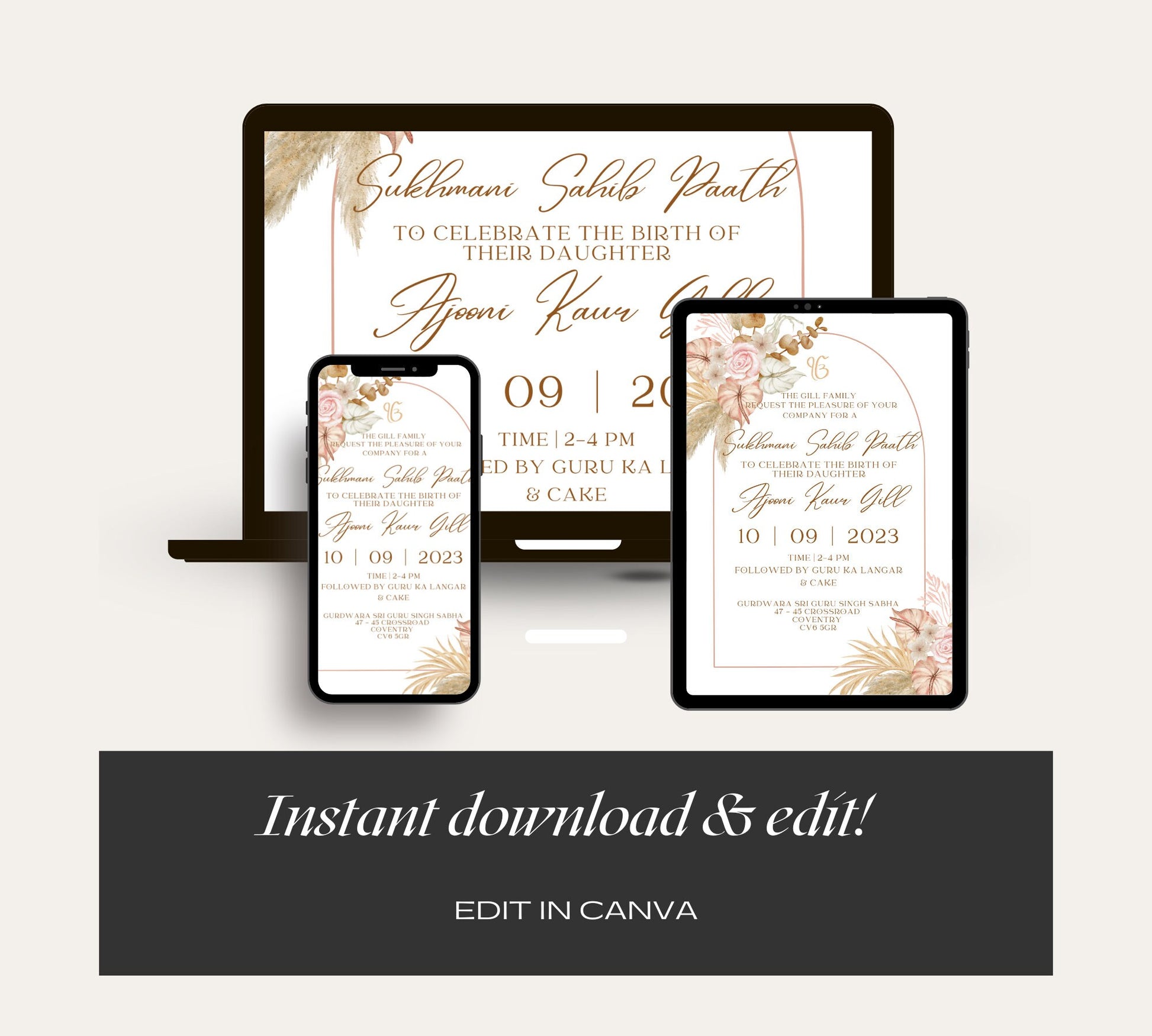 Editable Digital Sukhmani Sahib Paath Invitation, Birth of Daughter, 1st Birthday, Modern Floral Decor, Canva Editable, Sikh Programme