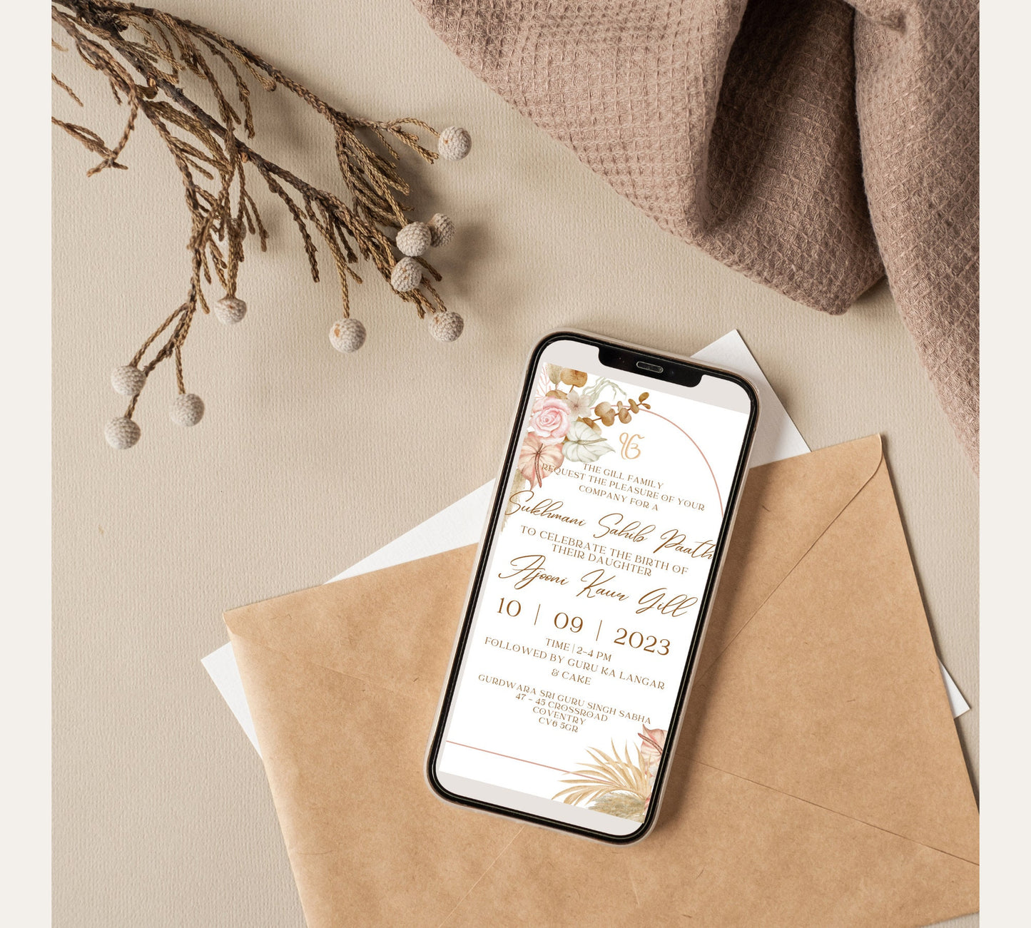 Editable Digital Sukhmani Sahib Paath Invitation, Birth of Daughter, 1st Birthday, Modern Floral Decor, Canva Editable, Sikh Programme