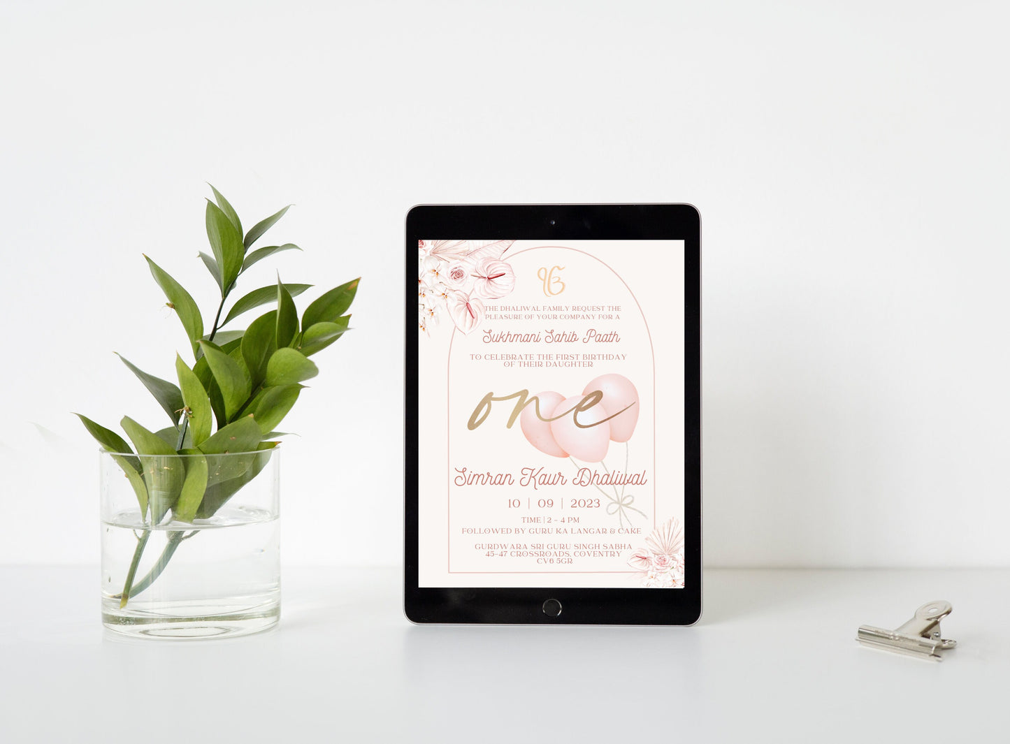 Digital Sukhmani Sahib Paath Invitation, Daughter's 1st Birthday, Modern Minimalist Pink Floral Theme, Editable Template, Sikh Programme