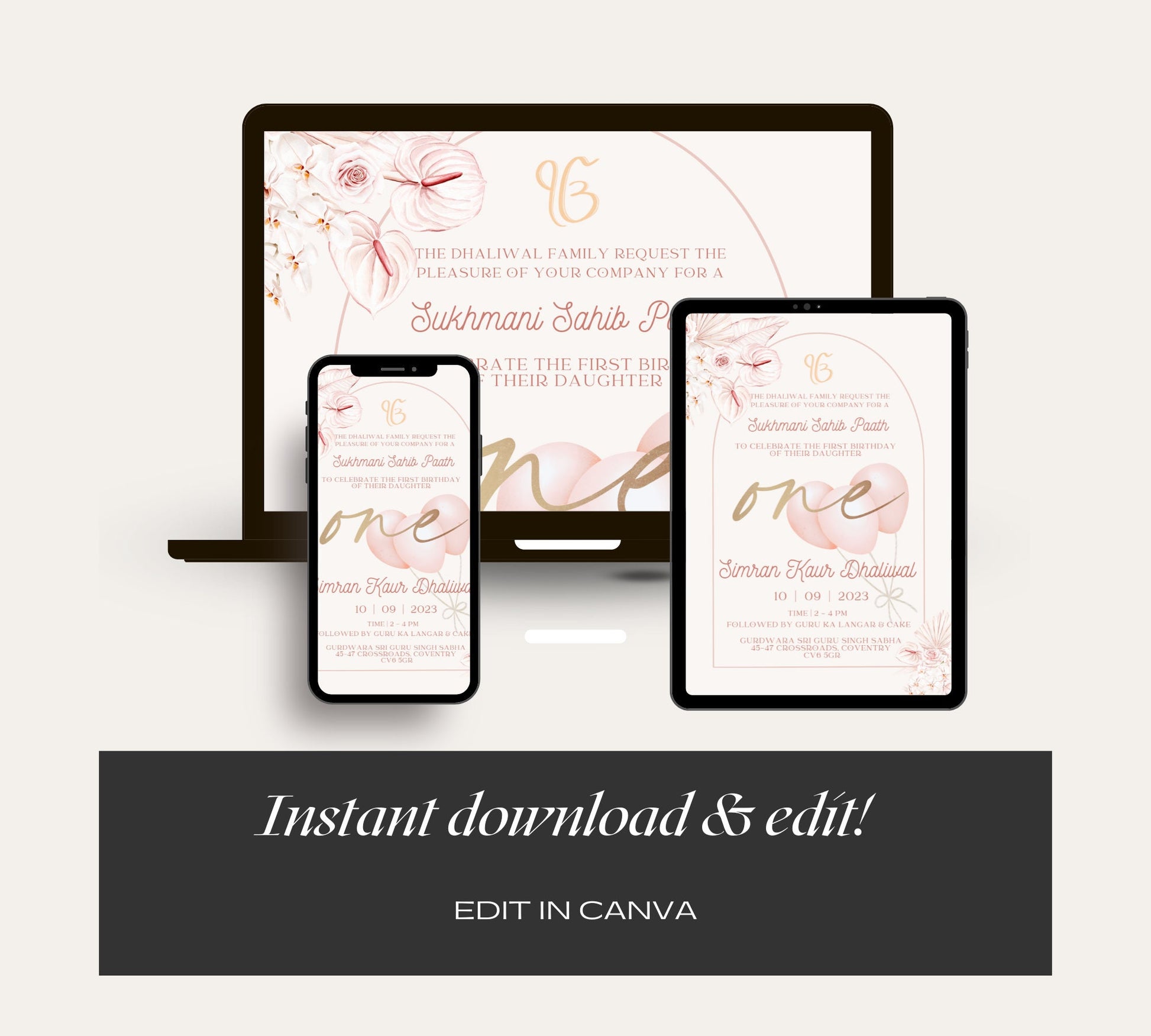 Digital Sukhmani Sahib Paath Invitation, Daughter's 1st Birthday, Modern Minimalist Pink Floral Theme, Editable Template, Sikh Programme