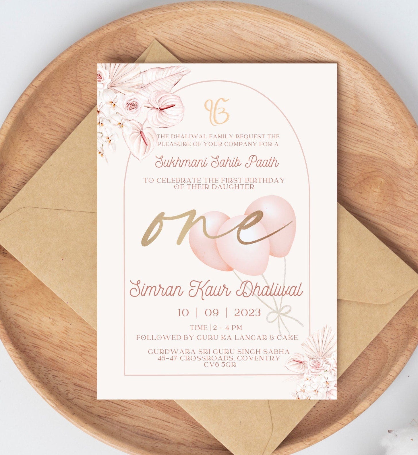 Digital Sukhmani Sahib Paath Invitation, Daughter's 1st Birthday, Modern Minimalist Pink Floral Theme, Editable Template, Sikh Programme