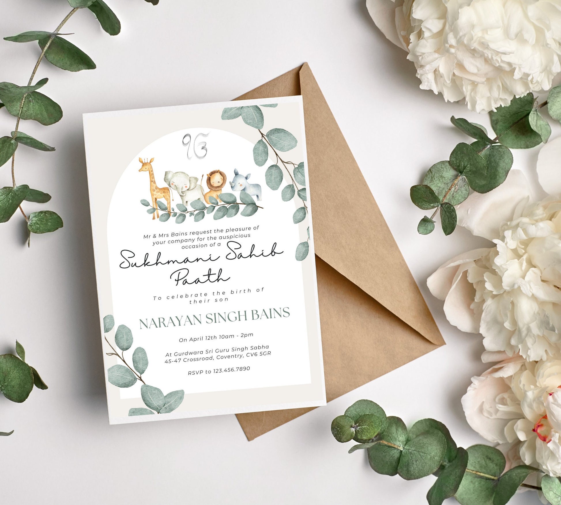 Sukhmani Sahib Path Invitation, Birth of Son, Modern Green Jungle Safari Theme, Canva Editable, Sikh, Boy's 1st Birthday