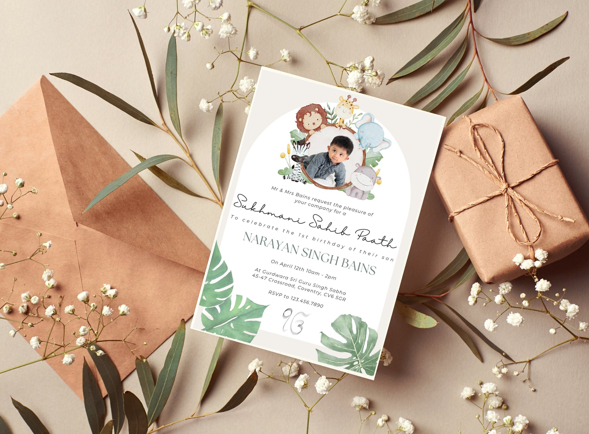 Editable Digital Sukhmani Sahib Paath Invitation, Modern Neutral Green Jungle Design, Canva Editable, Sikh Occasion, Boy's 1st Birthday