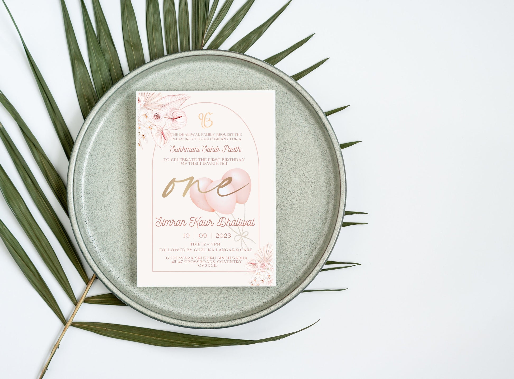 Digital Sukhmani Sahib Paath Invitation, Daughter's 1st Birthday, Modern Minimalist Pink Floral Theme, Editable Template, Sikh Programme
