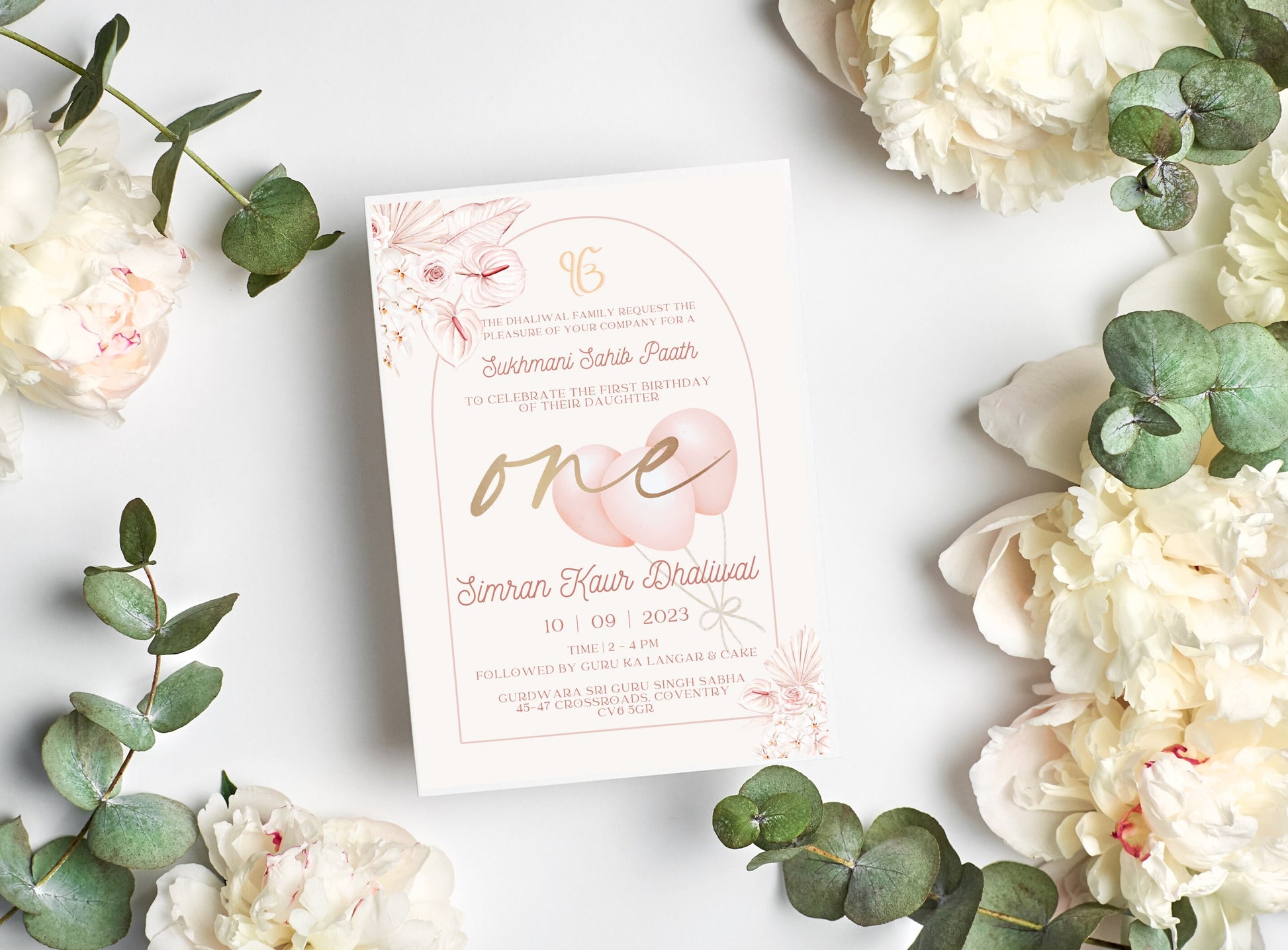 Digital Sukhmani Sahib Paath Invitation, Daughter's 1st Birthday, Modern Minimalist Pink Floral Theme, Editable Template, Sikh Programme