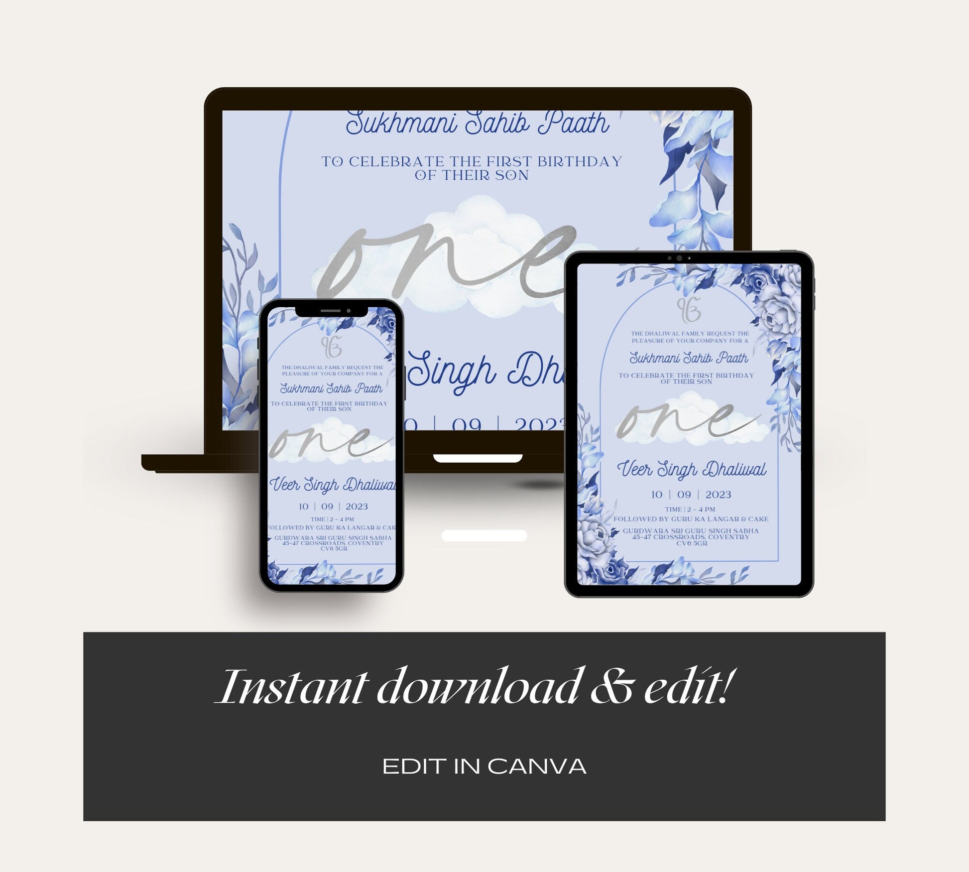 Digital Sukhmani Sahib Paath Invitation, Son's 1st Birthday, Modern Minimalist Blue Floral Theme, Instant DIY Editable, Sikh Blessing