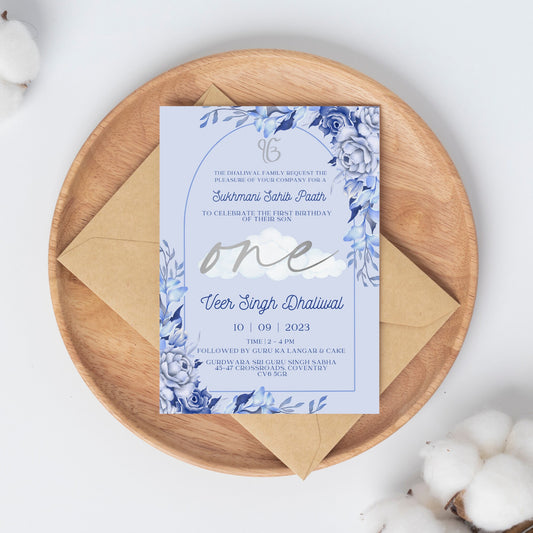 Blue floral themed first birthday invitation that includes cloud graphic with &#39;One&#39; across it. Editable Canva template for sukhmani sahib paath. Perfect elegant design to bless your little ones birth or birthday.