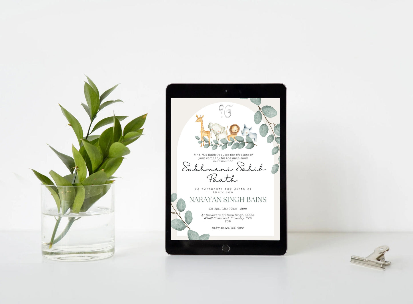Sukhmani Sahib Path Invitation, Birth of Son, Modern Green Jungle Safari Theme, Canva Editable, Sikh, Boy's 1st Birthday