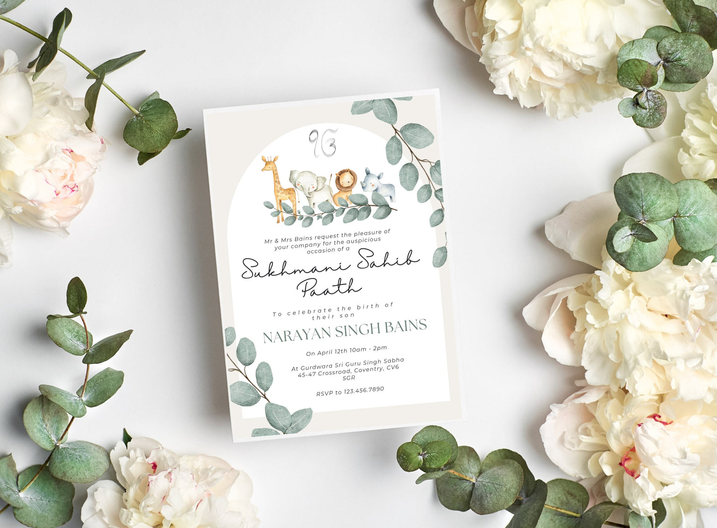 Sukhmani Sahib Path Invitation, Birth of Son, Modern Green Jungle Safari Theme, Canva Editable, Sikh, Boy's 1st Birthday