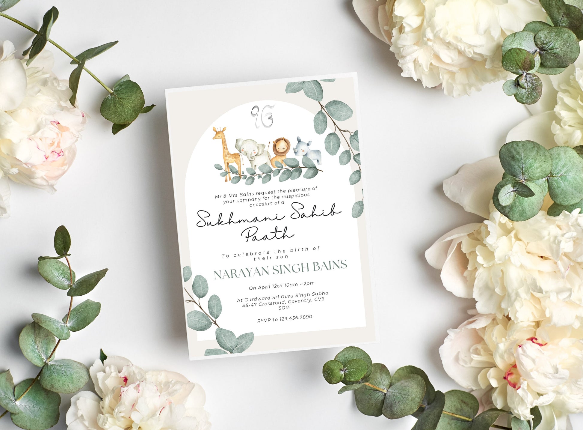 Sukhmani Sahib Path Invitation, Birth of Son, Modern Green Jungle Safari Theme, Canva Editable, Sikh, Boy's 1st Birthday