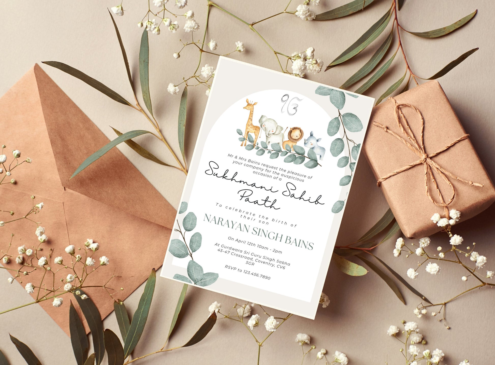 Sukhmani Sahib Path Invitation, Birth of Son, Modern Green Jungle Safari Theme, Canva Editable, Sikh, Boy's 1st Birthday