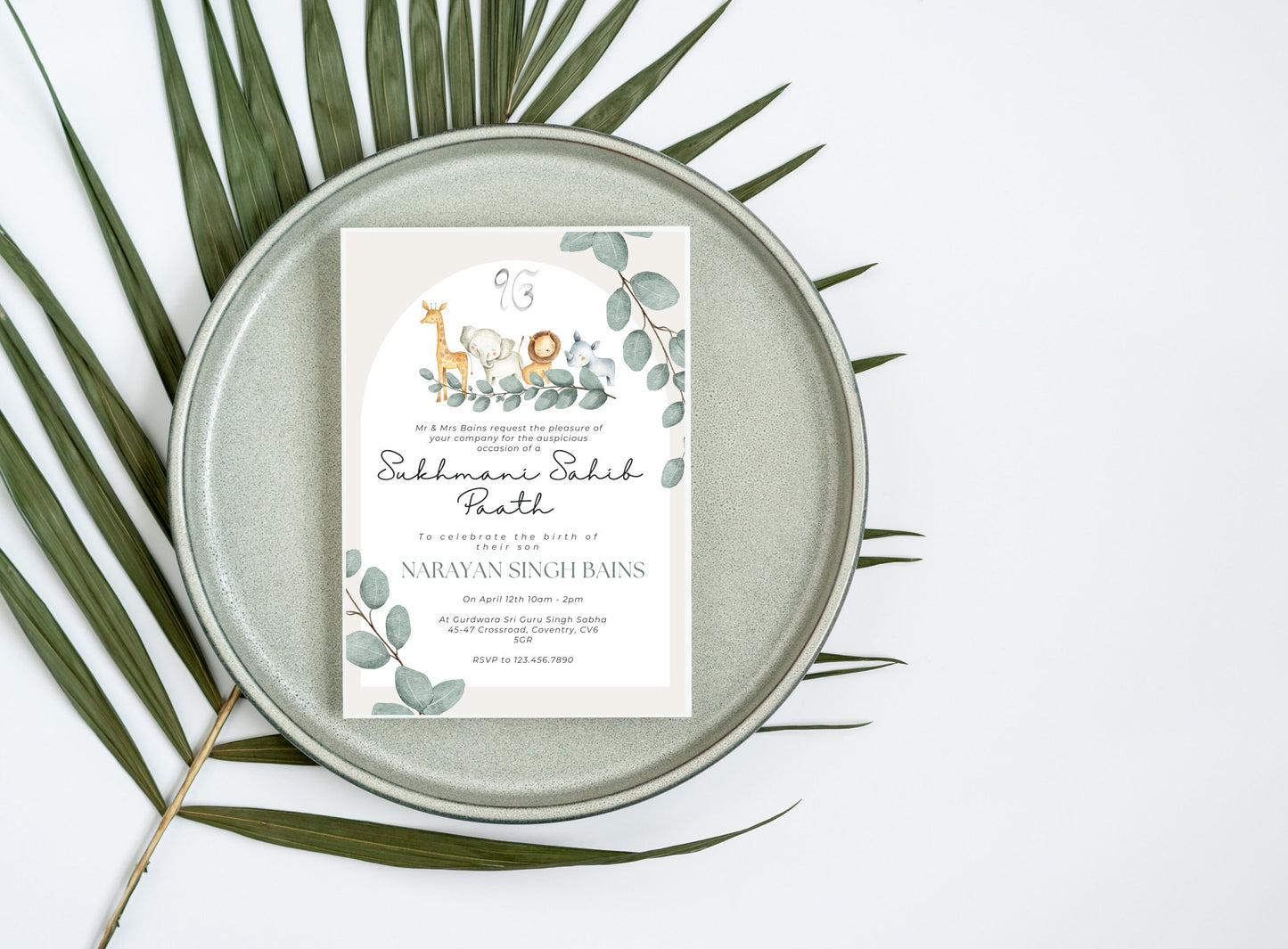 Sukhmani Sahib Path Invitation, Birth of Son, Modern Green Jungle Safari Theme, Canva Editable, Sikh, Boy's 1st Birthday
