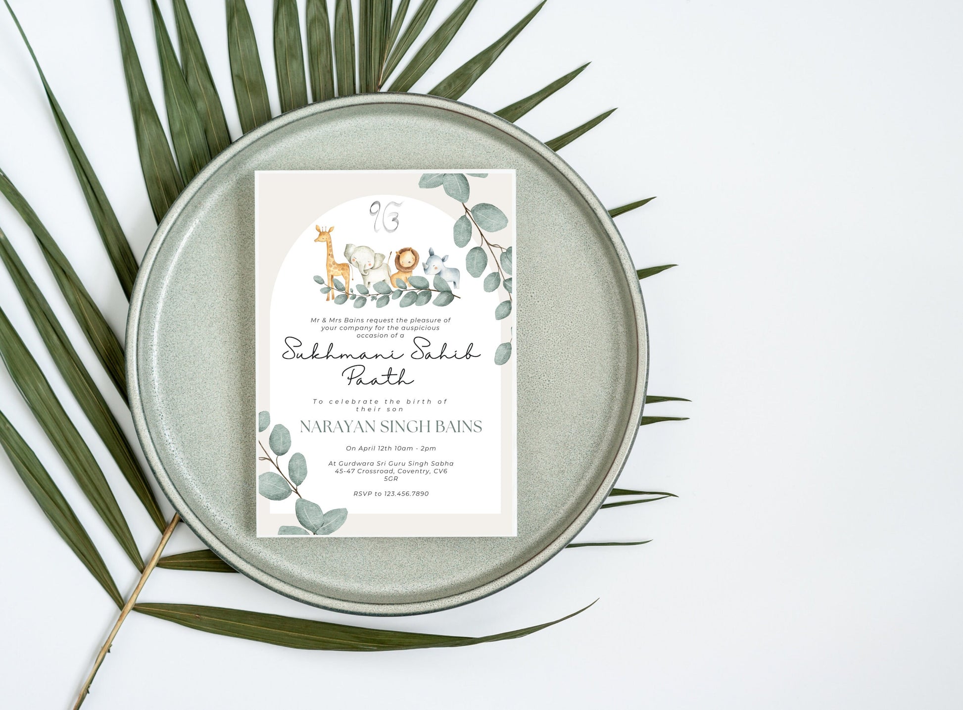 Sukhmani Sahib Path Invitation, Birth of Son, Modern Green Jungle Safari Theme, Canva Editable, Sikh, Boy's 1st Birthday