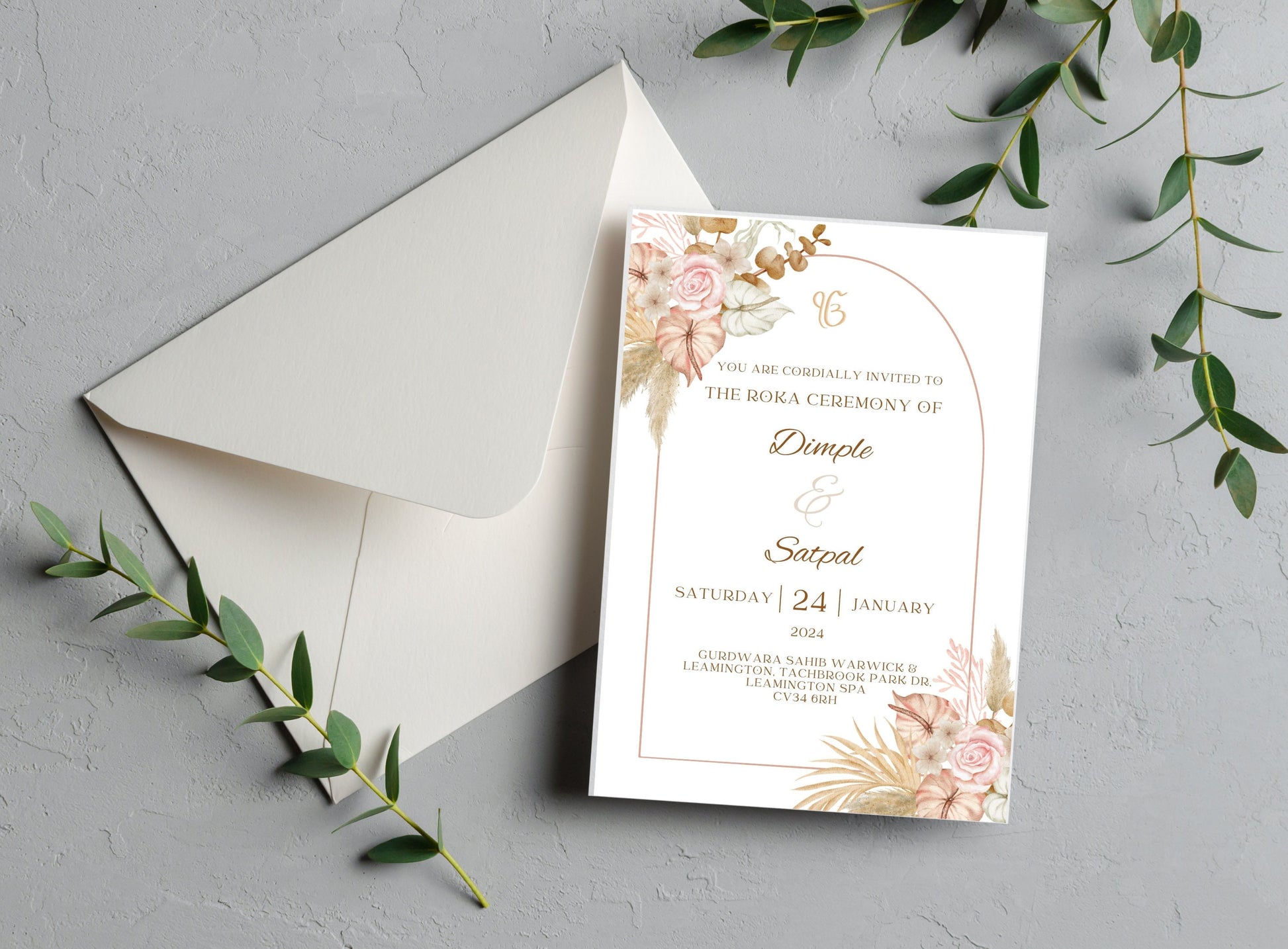 Editable Roka Chunni Takhar Ceremony Invite, Birthday, Modern Neutral Floral, Canva Editable, Sikh Occasion, Engagement DIY Invitation