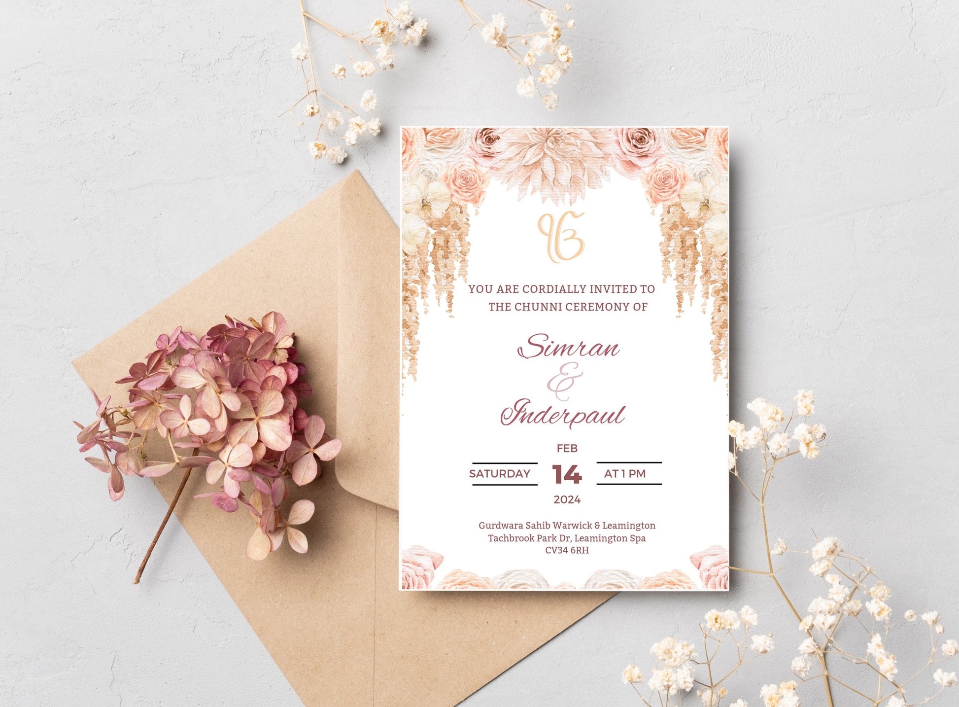 Editable Roka Chunni Takhar Ceremony Invite, Blessing, Modern Neutral Floral, Canva Editable, Sikh Occasion, Engagement DIY Invitation