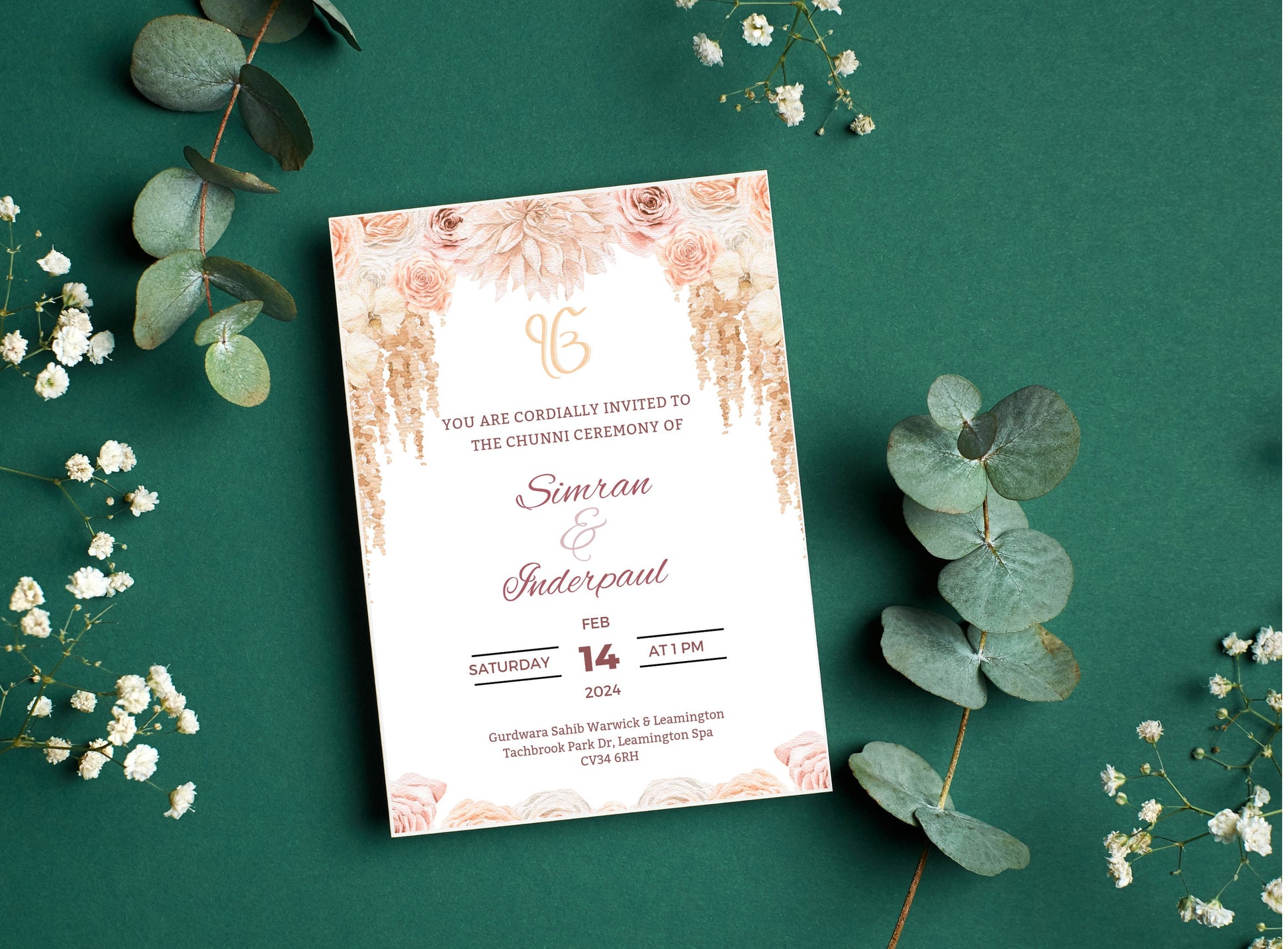 Editable Roka Chunni Takhar Ceremony Invite, Blessing, Modern Neutral Floral, Canva Editable, Sikh Occasion, Engagement DIY Invitation